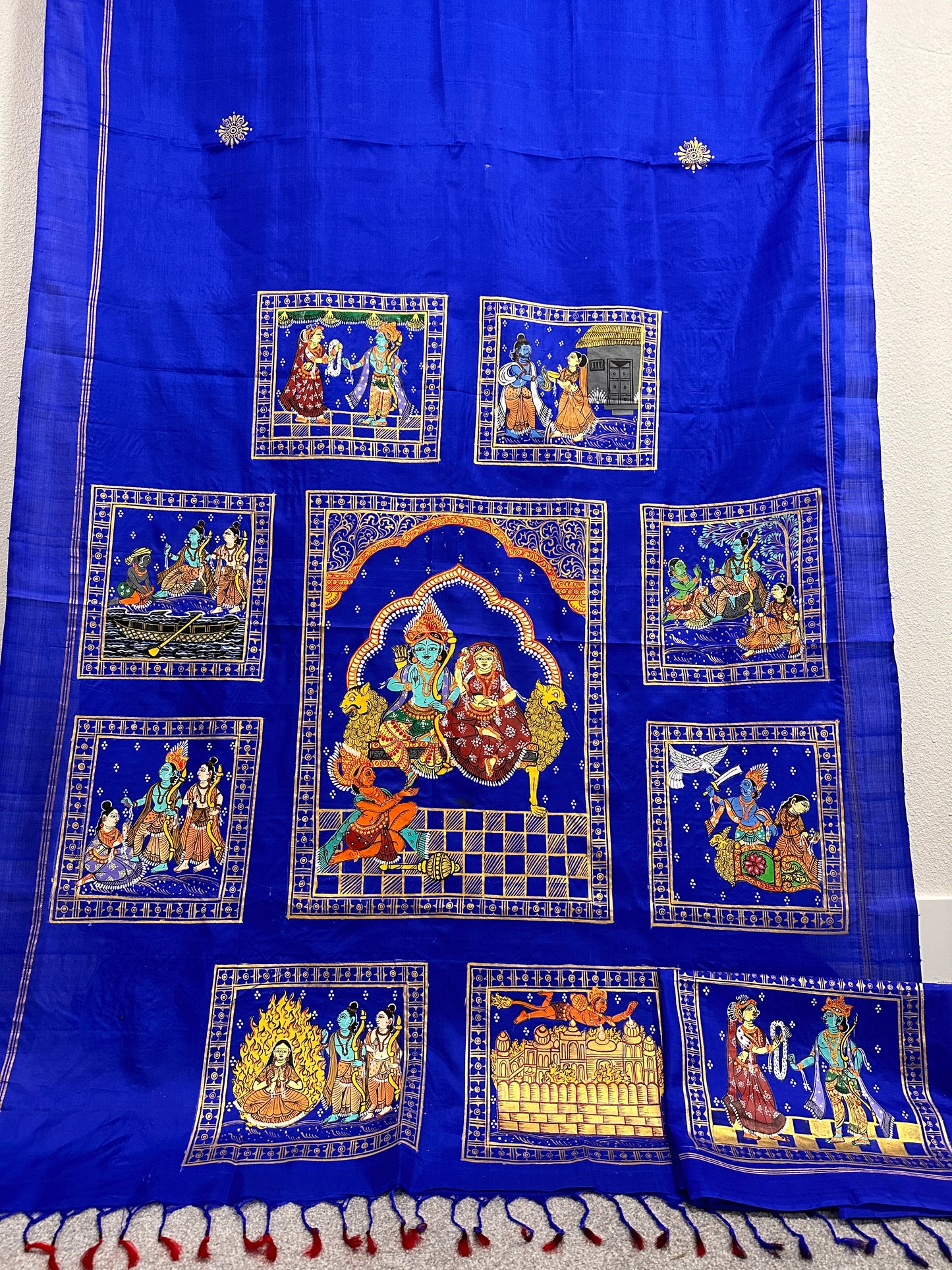 Patachitra Sarees - Ramayan Scenes on Royal Blue Pure Silk