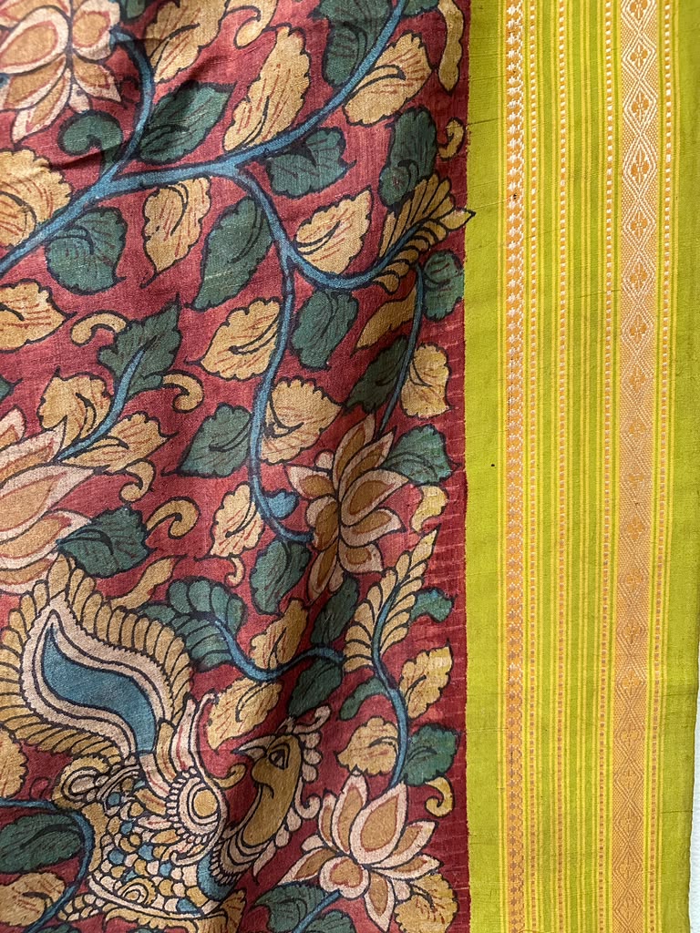 Kalamkari on Vidharbha Tussar with Ganga Jamuna Border - Florals and Peacock