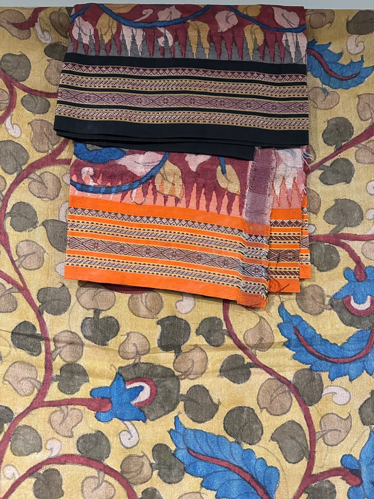 Kalamkari on Vidharbha Tussar with Ganga Jamuna Border - Florals Only