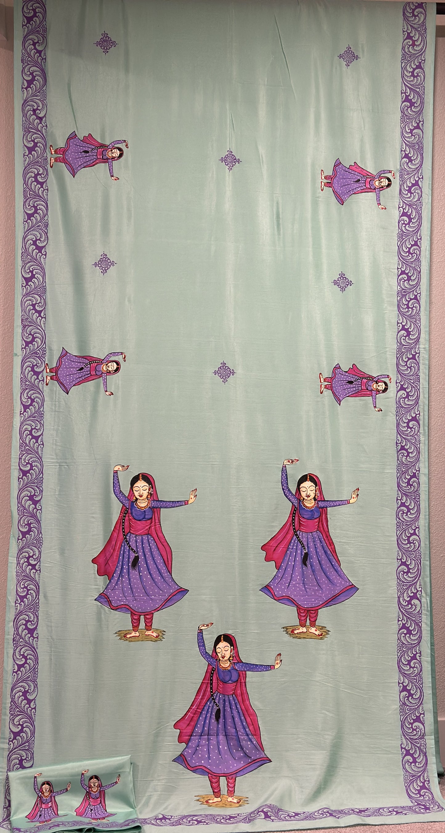 Pattachitra sarees - Kathak Dancers On Sea Green Khadi Silk
