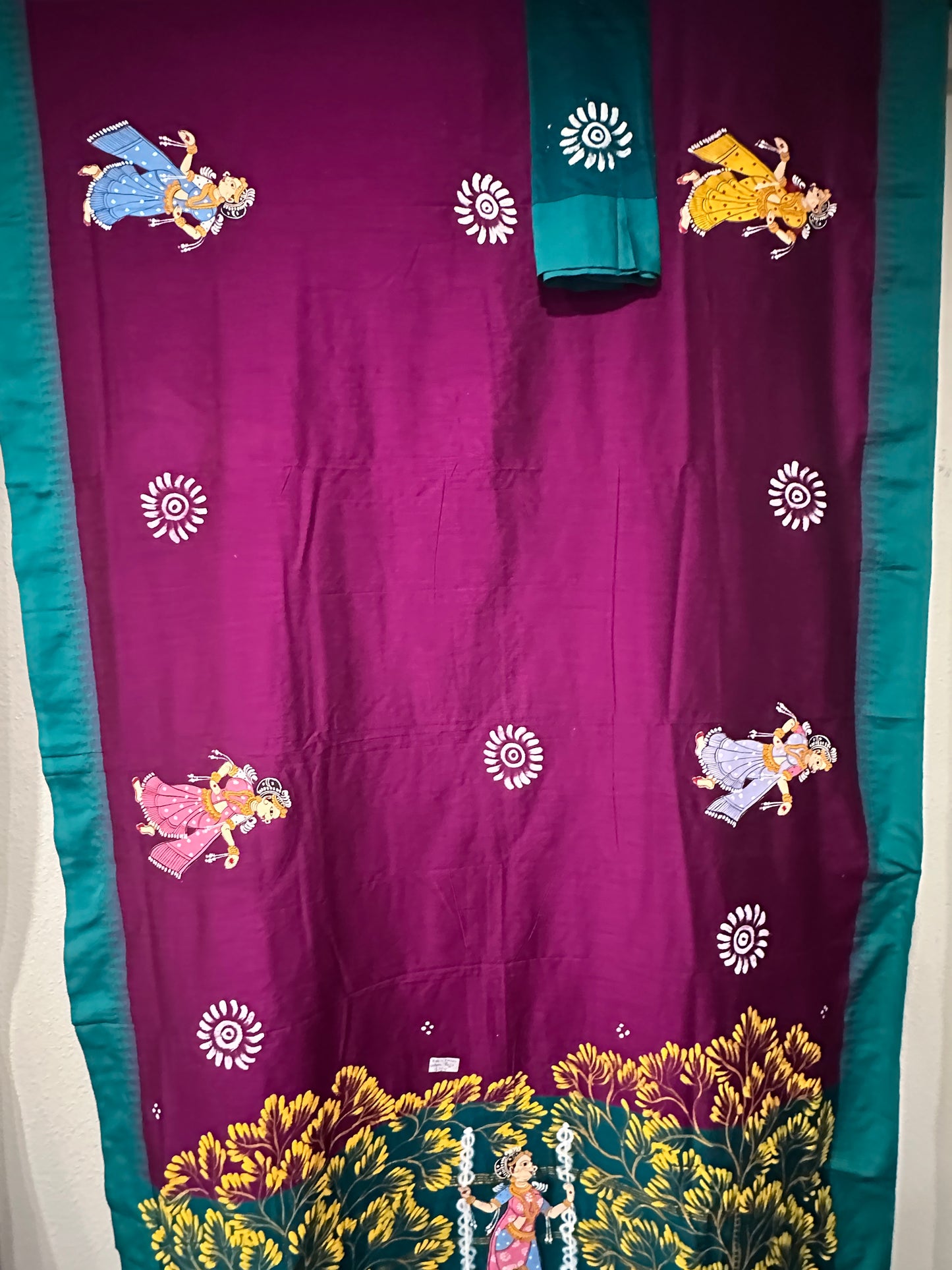 Patachitra Sarees - Wine Green Rajjo theme