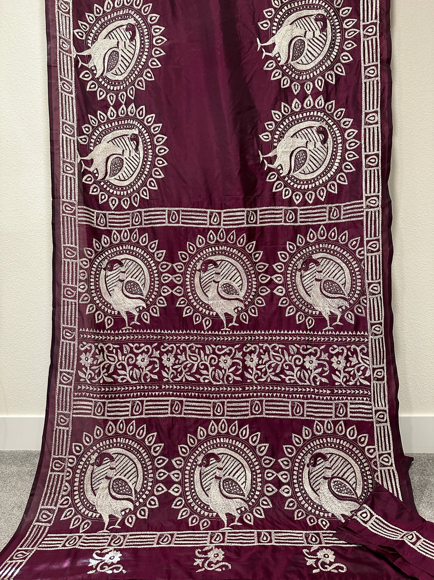 Kaantha Stitch Saree - wine color with Peacock design.