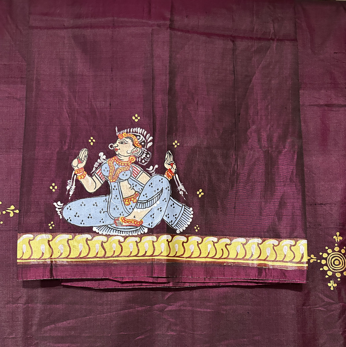 Patachitra Saree - Rich Maroon Dancers and Elephants theme