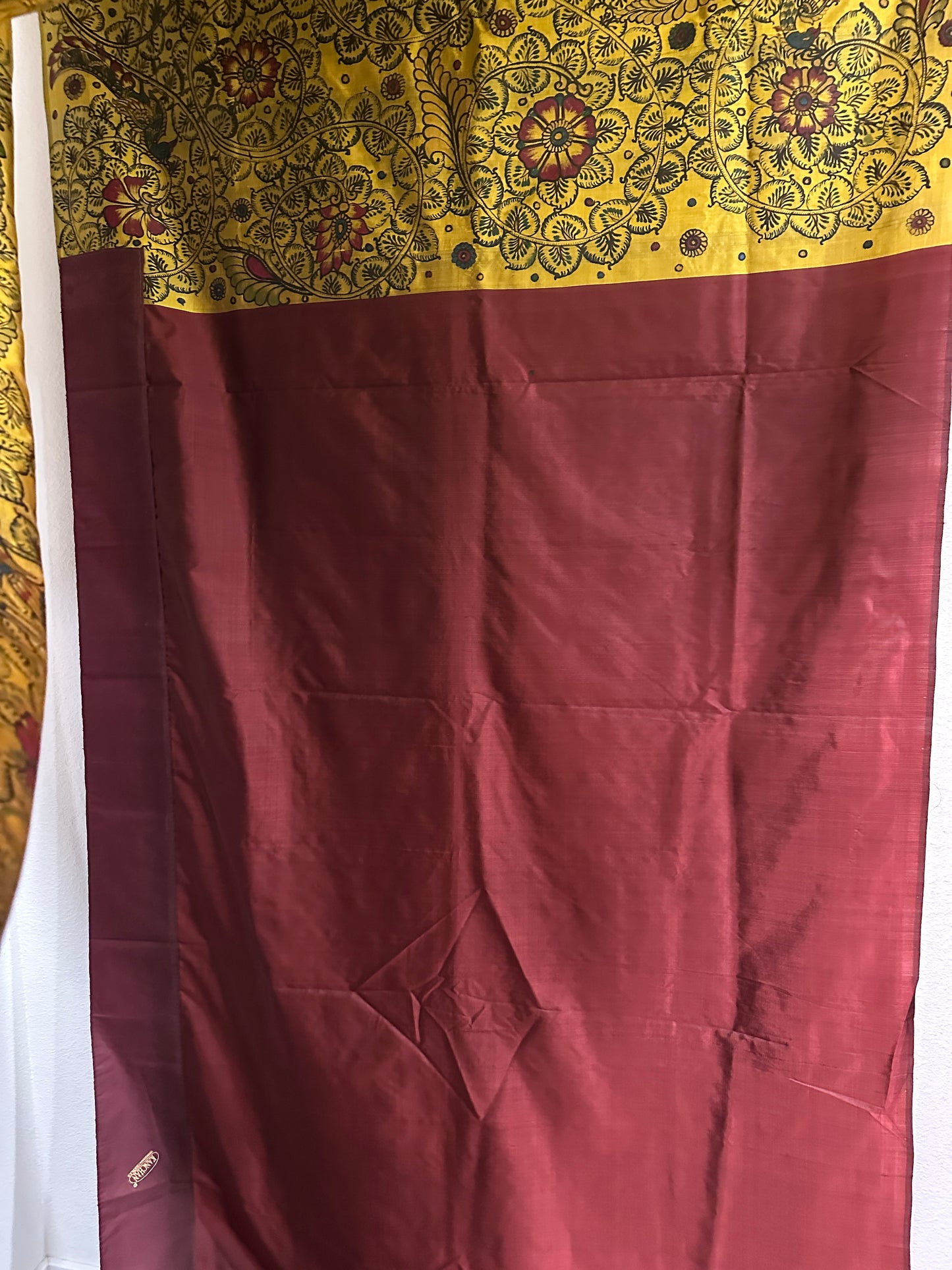 Patachitra Saree - Mustard Yellow and Maroon Half and Half Pure Silk Saree with Kalamkari pattern