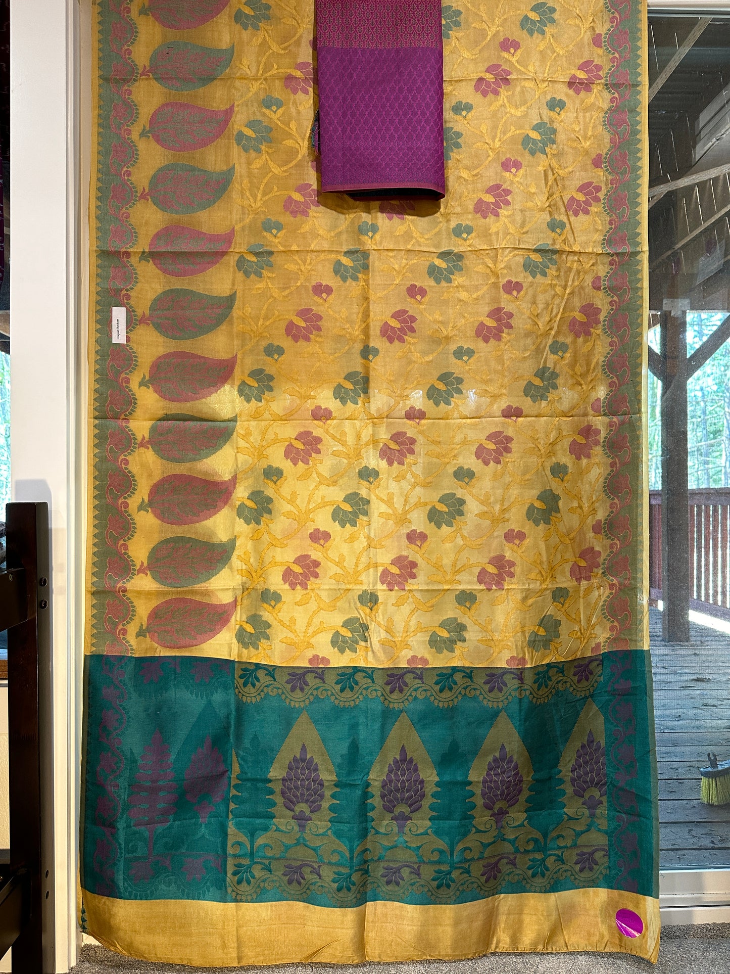 Dupian Resham Silk Saree - Green and Golden floral