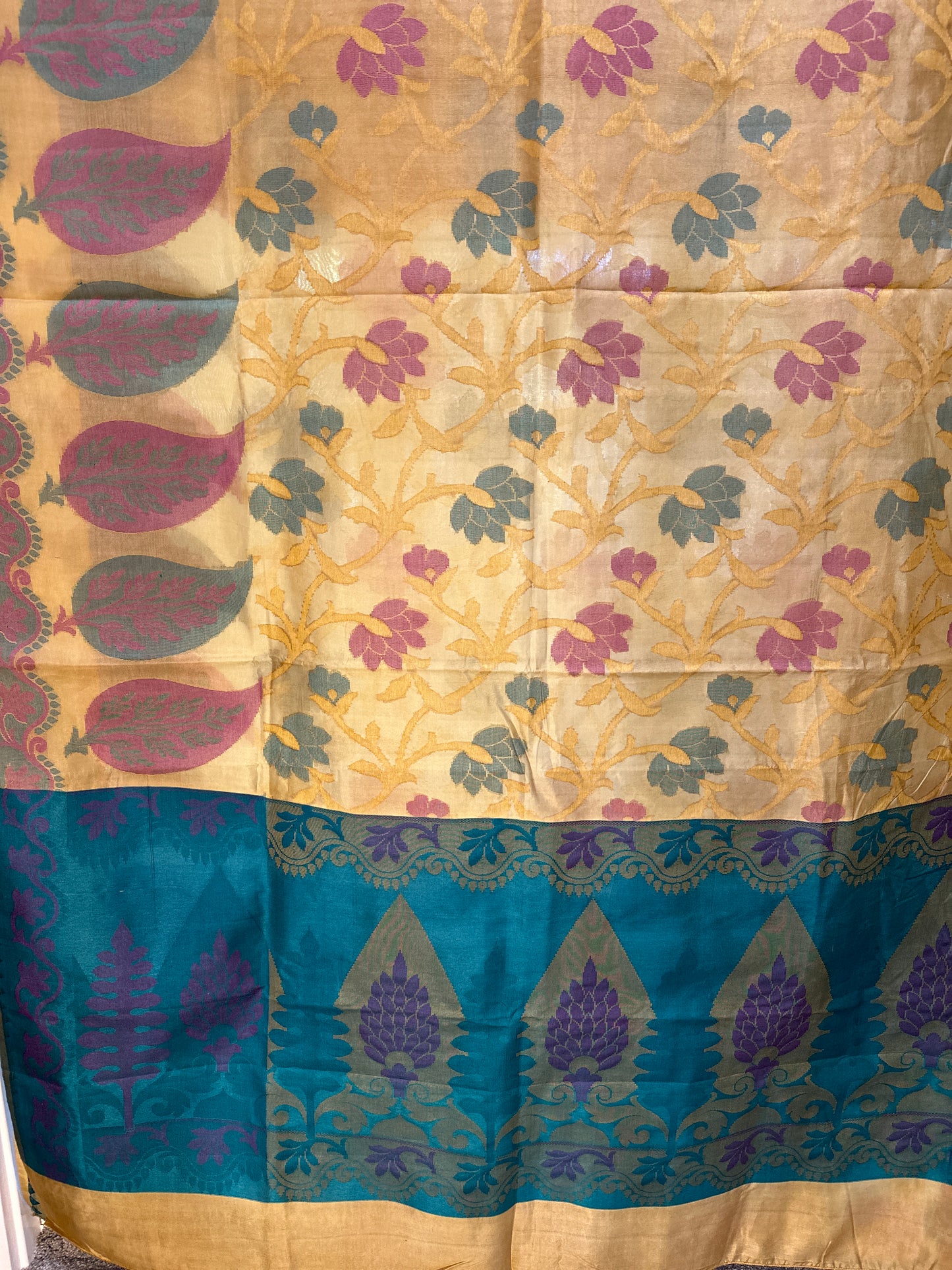Dupian Resham Silk Saree - Green and Golden floral