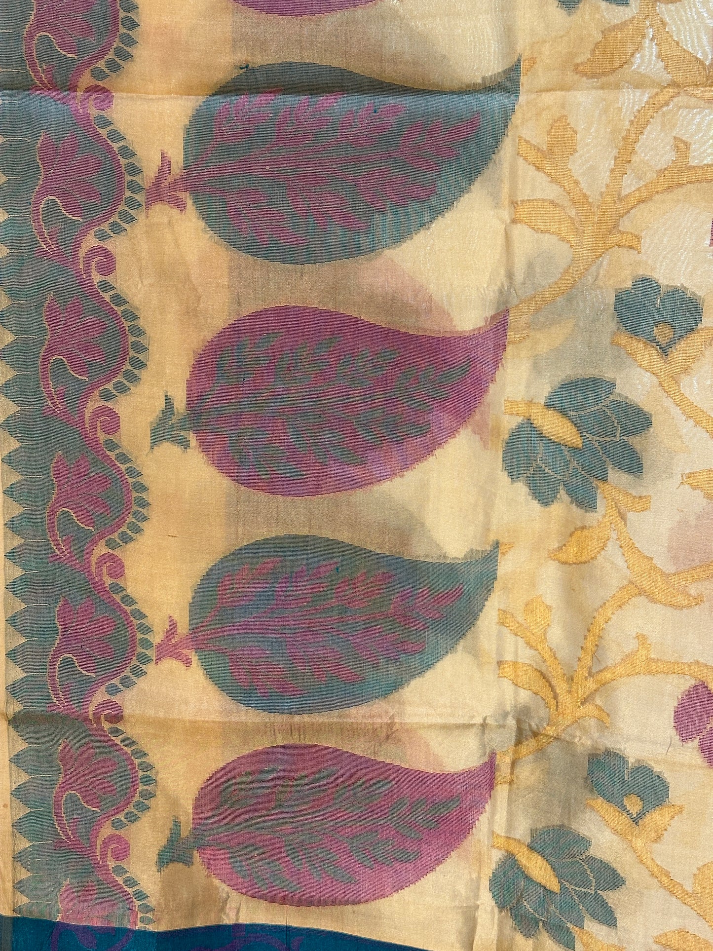 Dupian Resham Silk Saree - Green and Golden floral