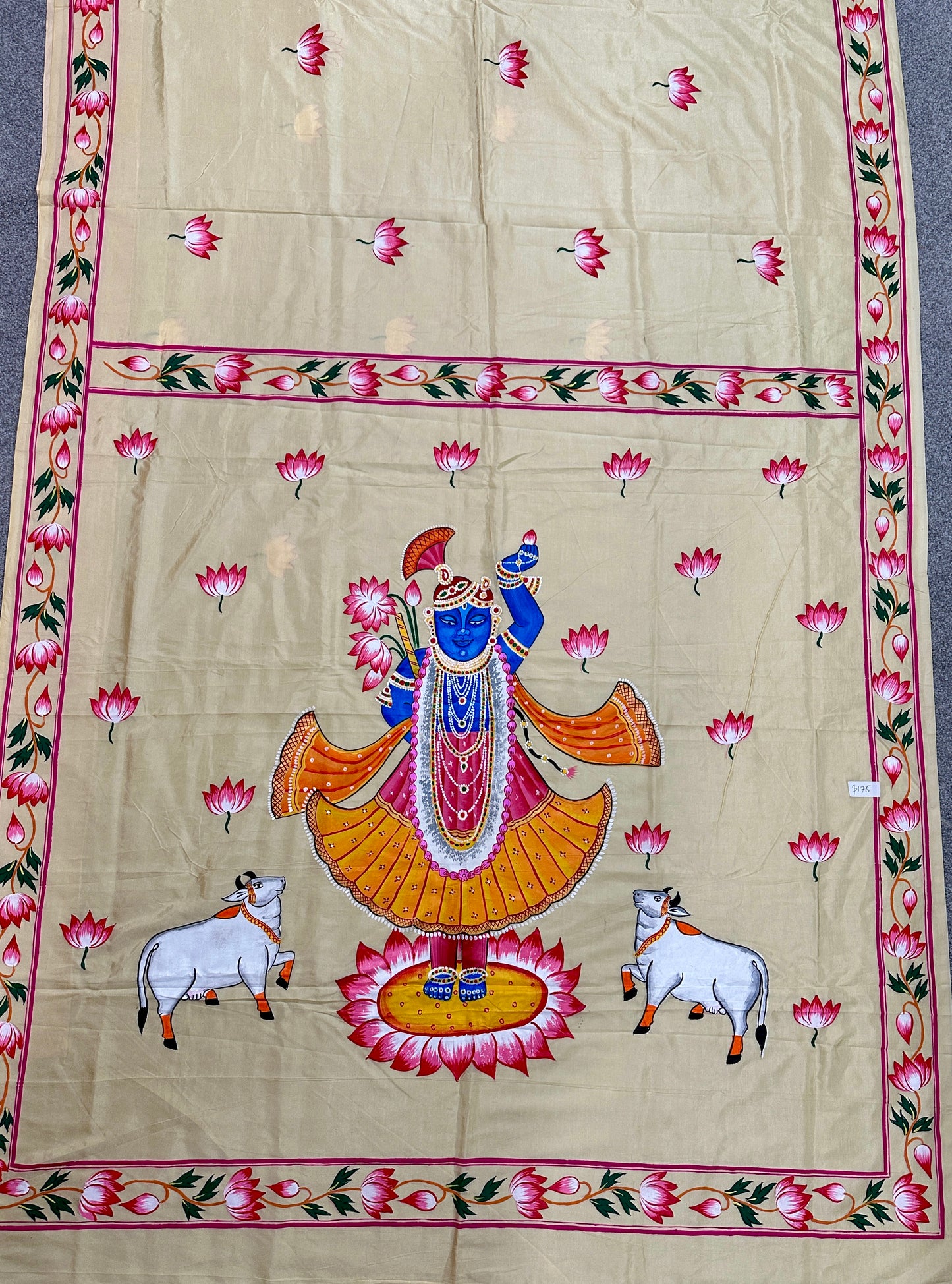 Pattachitra sarees - Sreenath Ji on Chandan Colour (Light Beige) Khadi Silk