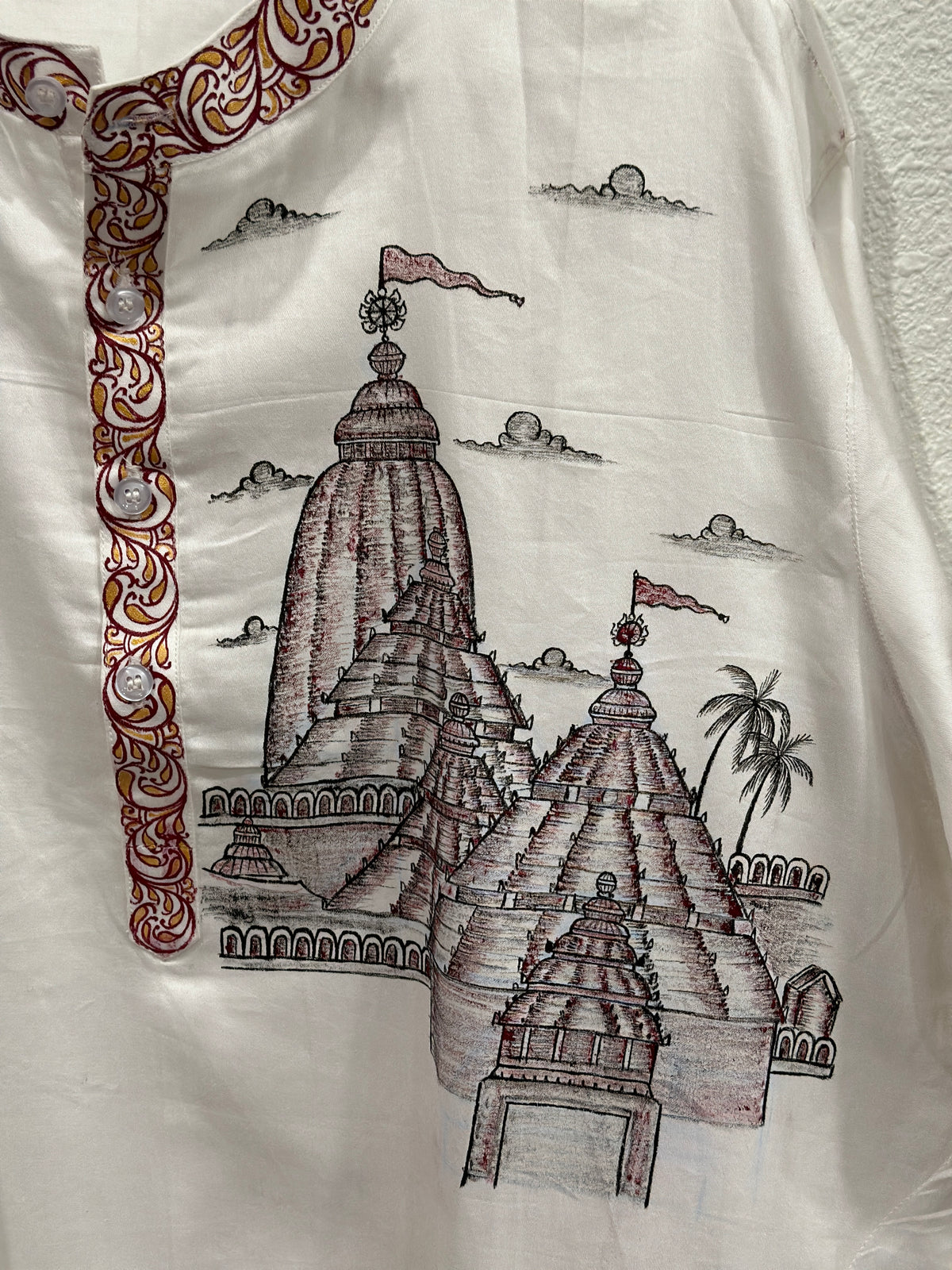 Men's Kurta - Pattachitra - Offwhite with Dual tone shading of Puri Jagannath Mandir