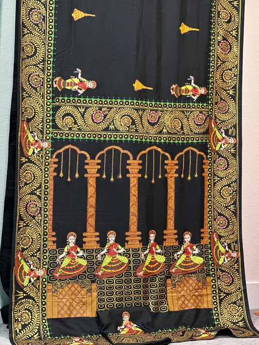 Pattachitra sarees - Bharatnatyam On Black Khadi Silk