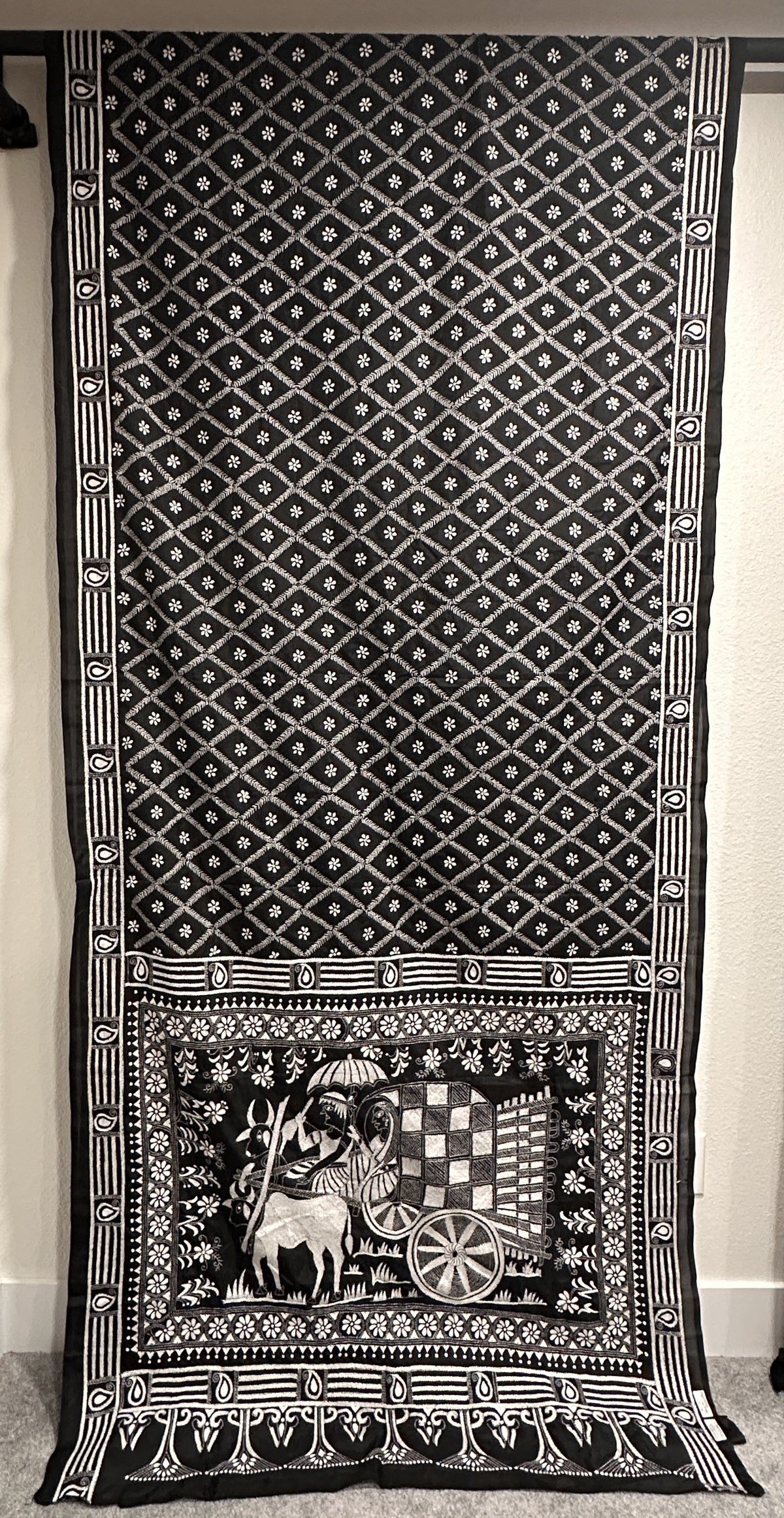 Kaantha Stitch Saree - Black with Cow Cart design