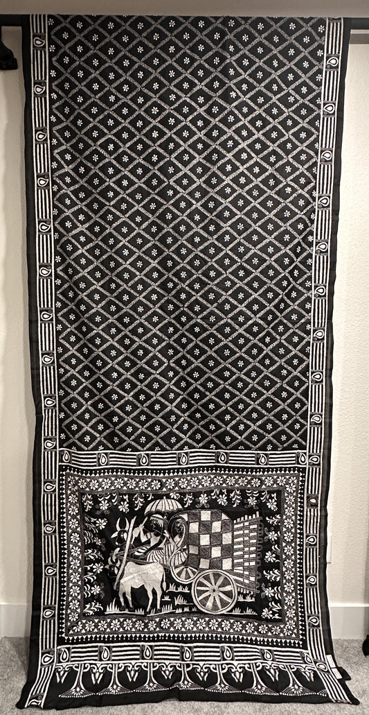 Kaantha Stitch Saree - Black with Cow Cart design