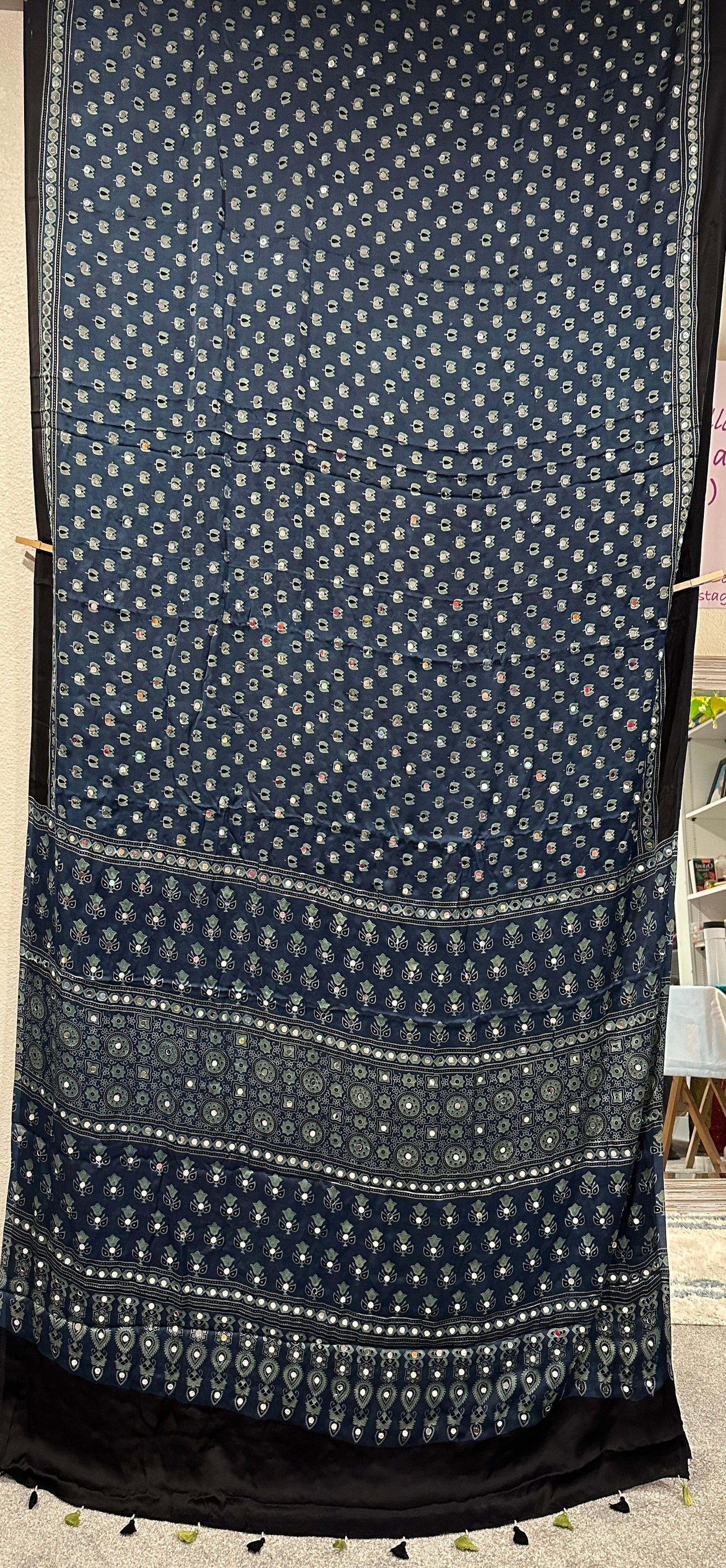 Modal Silk With Ajrak print and real mirror - Indigo Blue