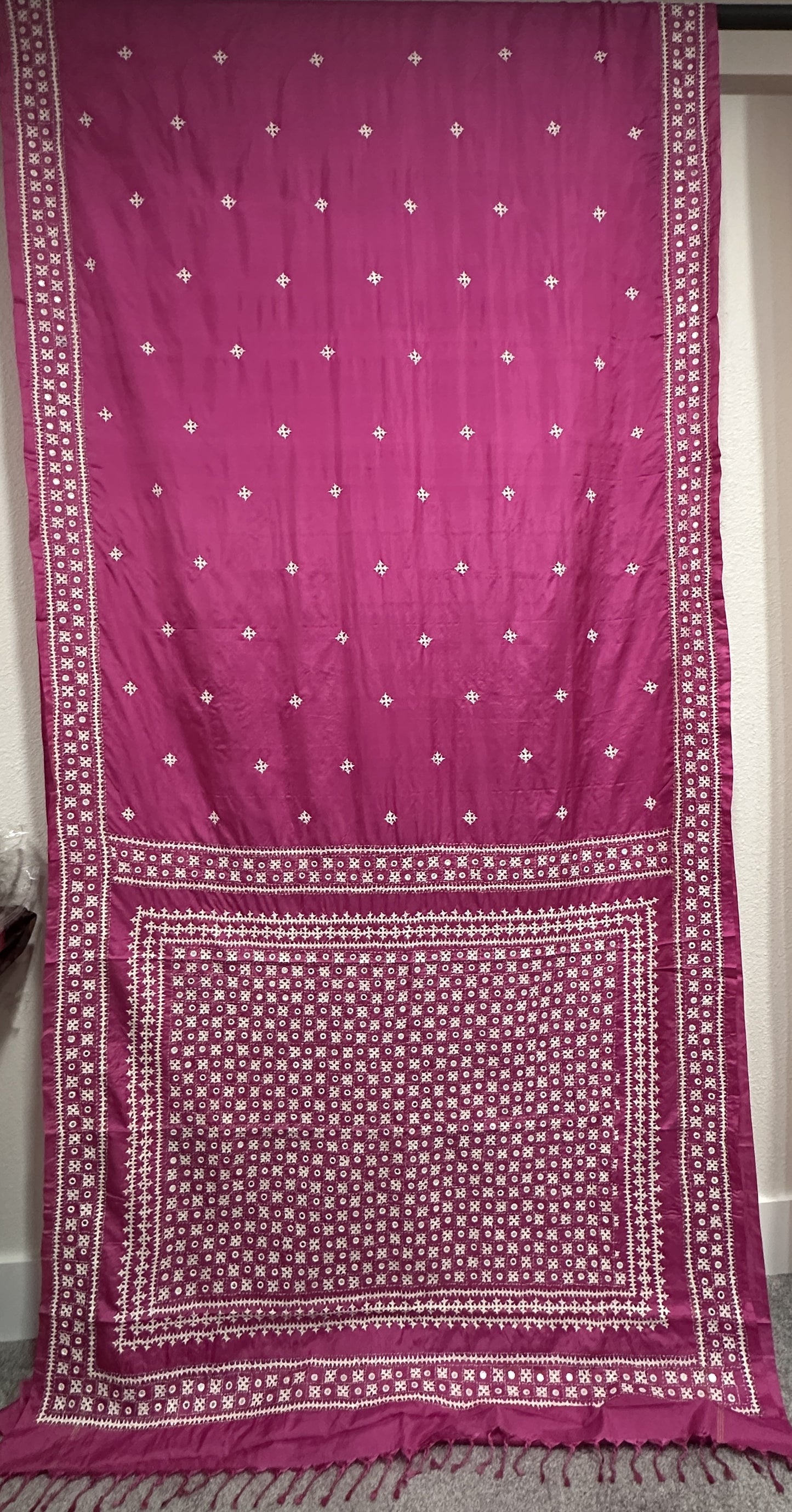Gujrati Stitch on Pink Bangalore Silk with White Thread Embroidery