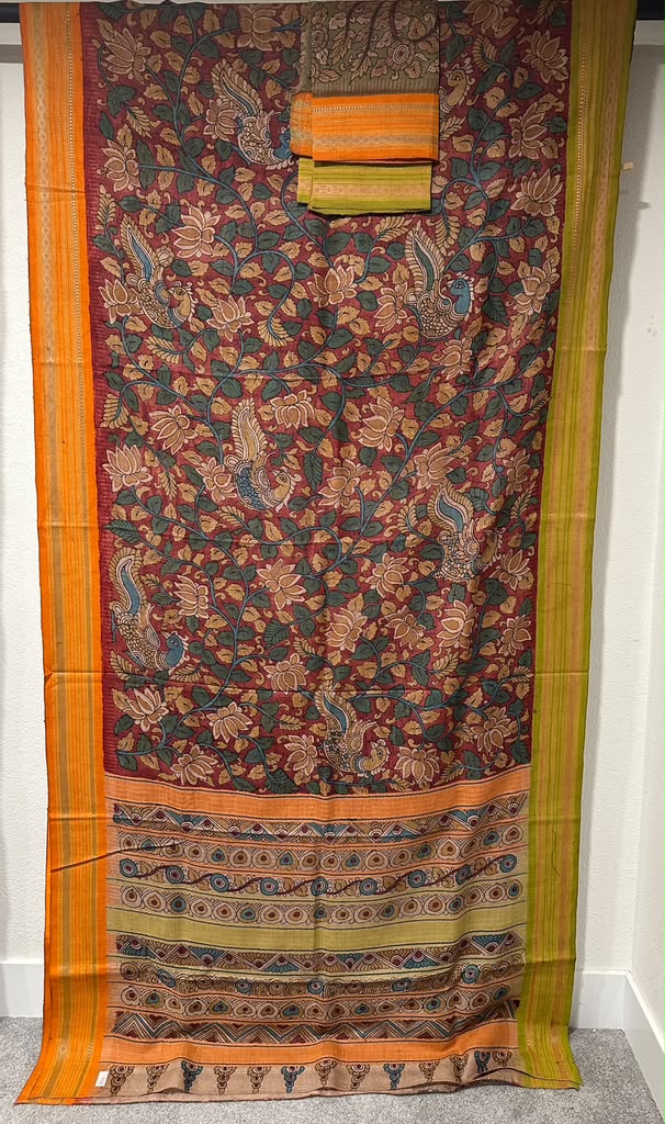 Kalamkari on Vidharbha Tussar with Ganga Jamuna Border - Florals and Peacock