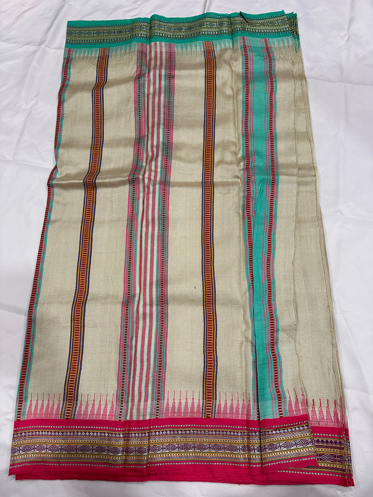 Vidharbha Tussar - Pink and Sea Green Ganga Jamuna Border