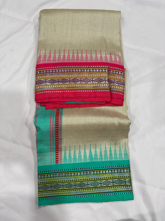 Vidharbha Tussar - Pink and Sea Green Ganga Jamuna Border