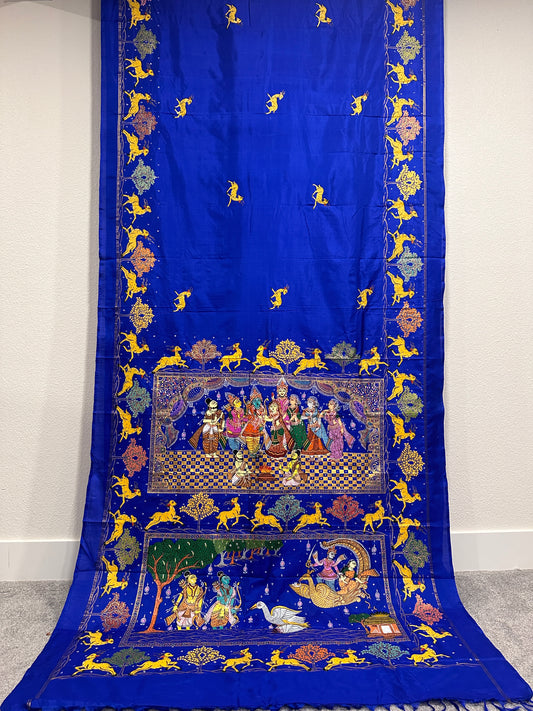 Patachitra Sarees - Ramayan Ram-Sita Vivah Scene on Royal Blue Pure Silk