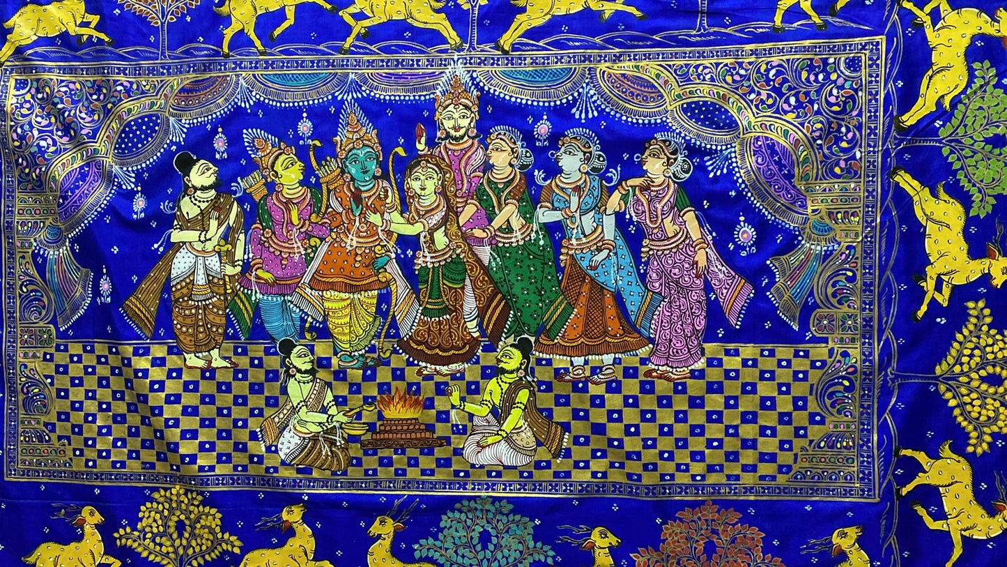 Patachitra Sarees - Ramayan Ram-Sita Vivah Scene on Royal Blue Pure Silk