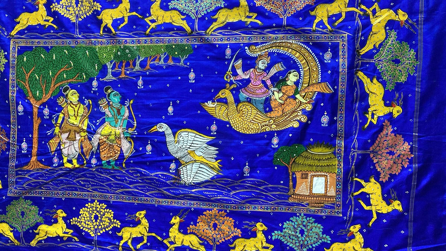 Patachitra Sarees - Ramayan Ram-Sita Vivah Scene on Royal Blue Pure Silk