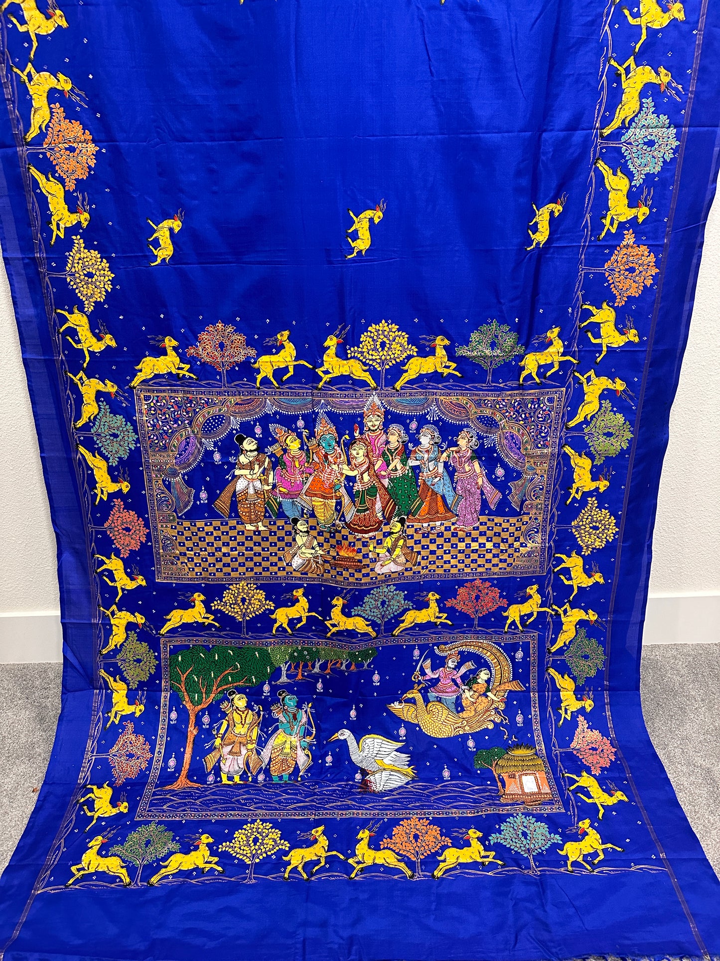 Patachitra Sarees - Ramayan Ram-Sita Vivah Scene on Royal Blue Pure Silk