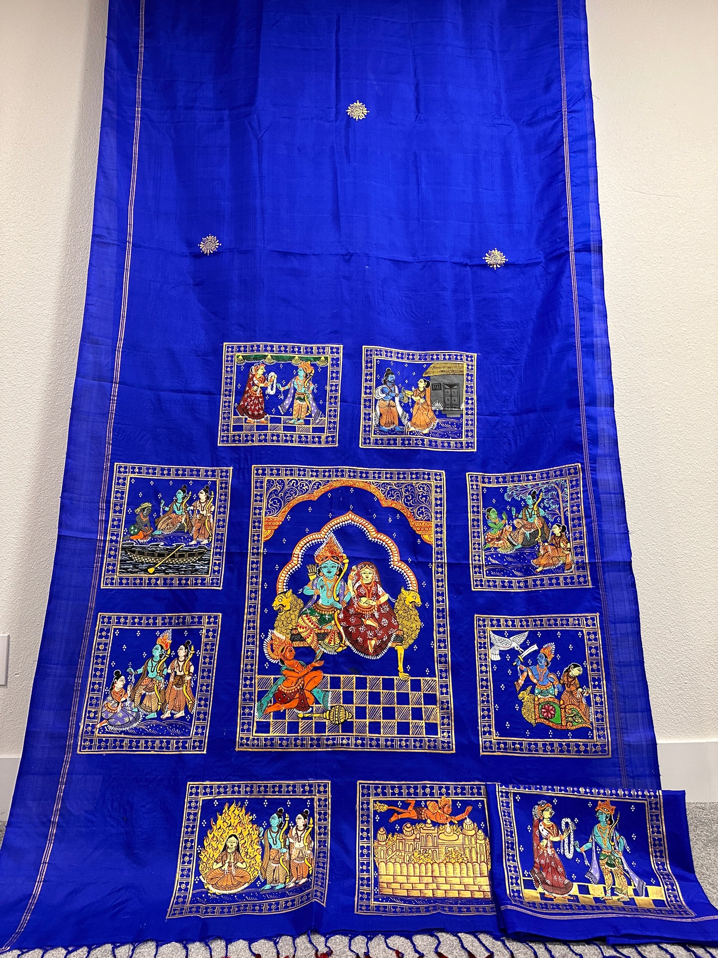 Patachitra Sarees - Ramayan Scenes on Royal Blue Pure Silk