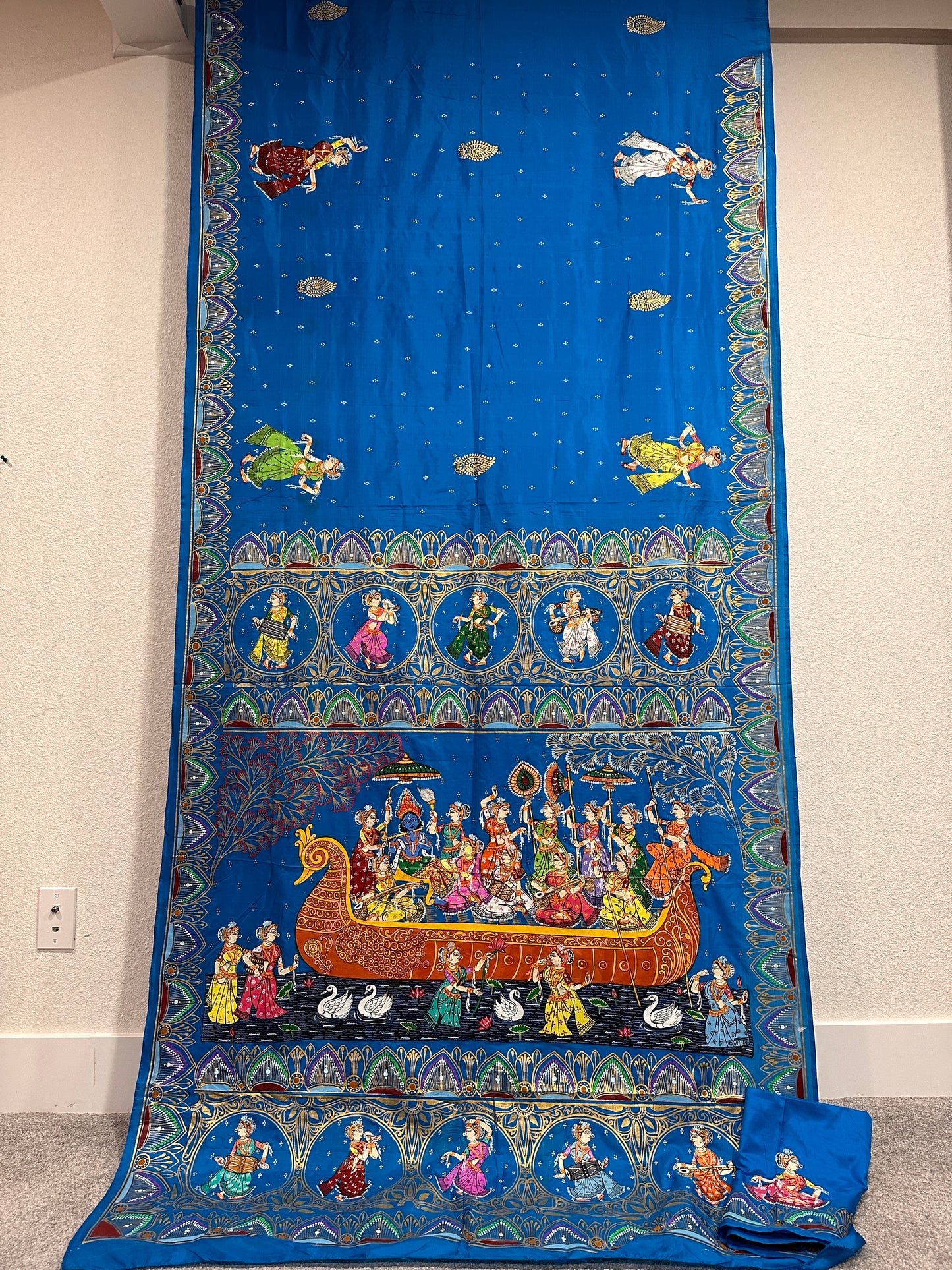 Firoza Blue Pure Silk Pattachitra Saree with NaukaVihar theme.