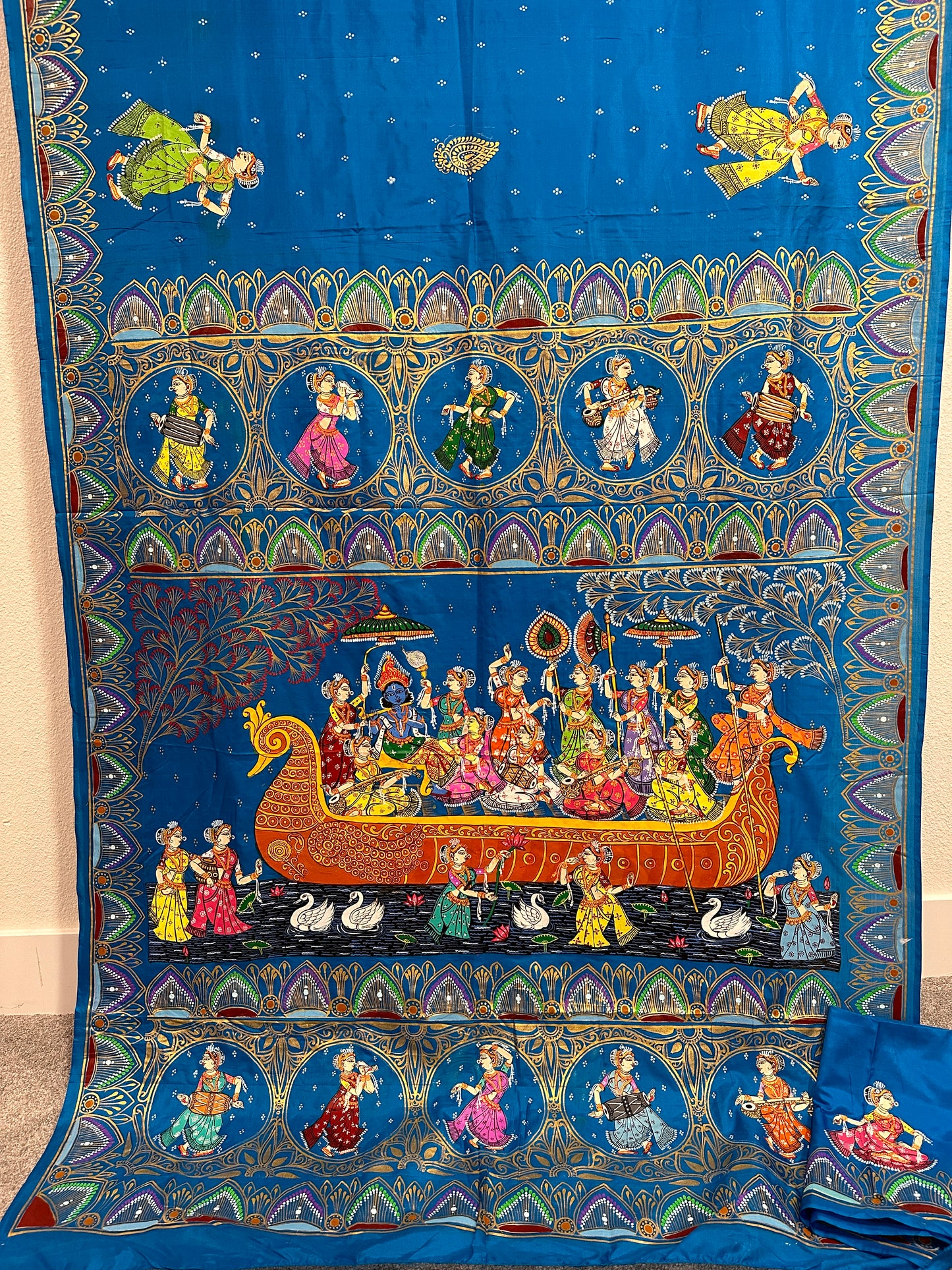 Firoza Blue Pure Silk Pattachitra Saree with NaukaVihar theme.