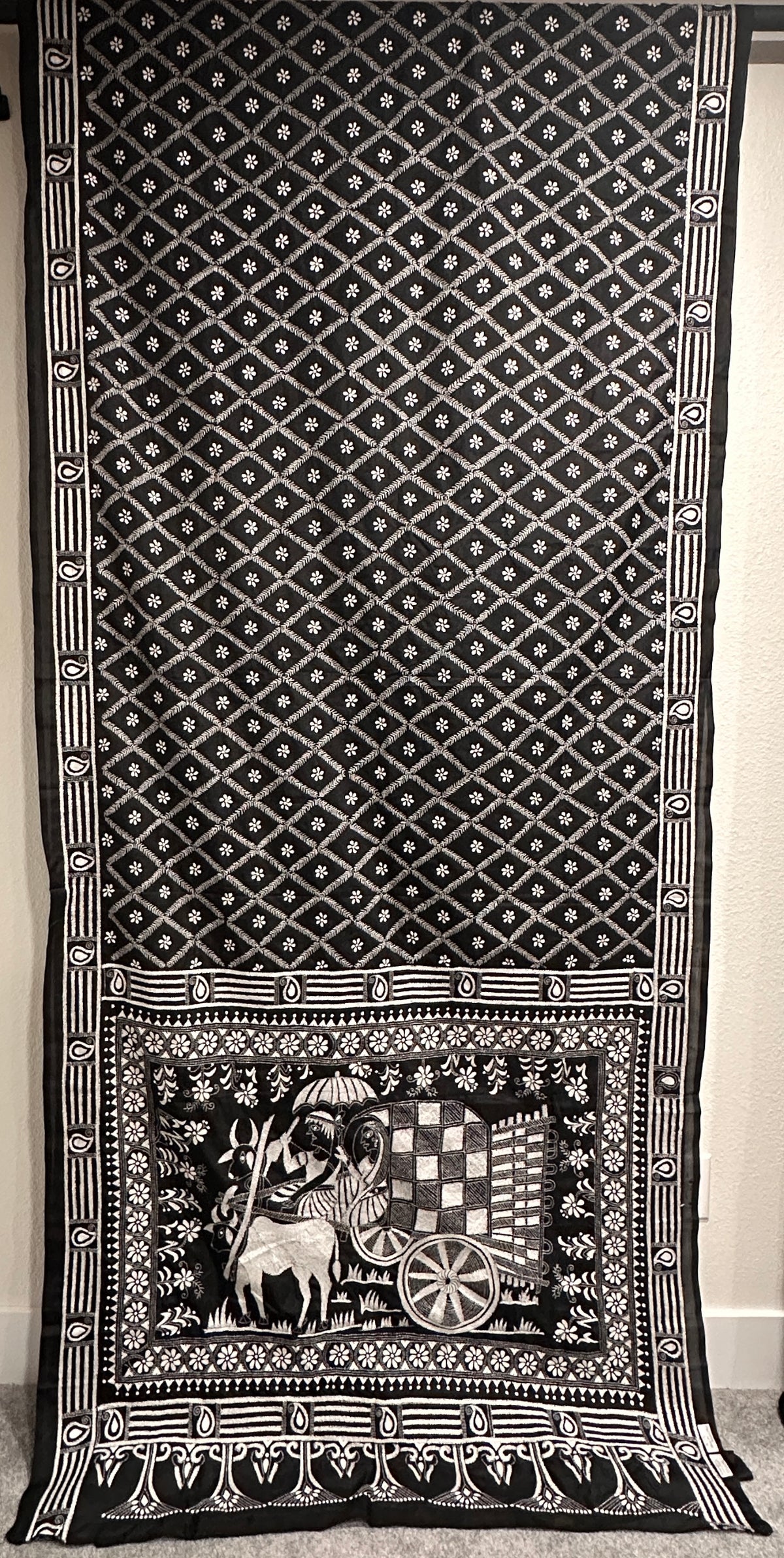 Kaantha Stitch Saree - Black with Cow Cart design