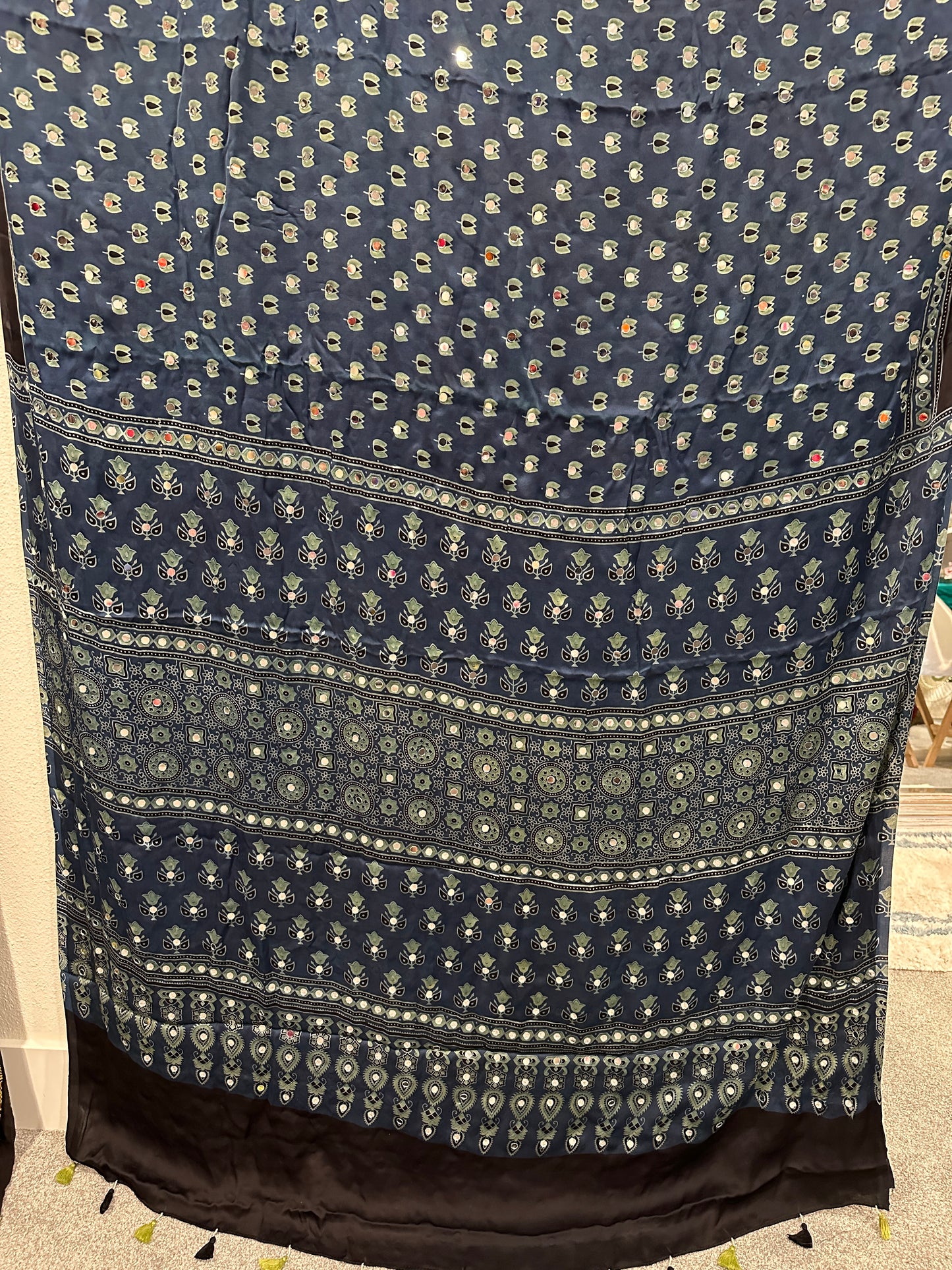 Modal Silk With Ajrak print and real mirror - Indigo Blue