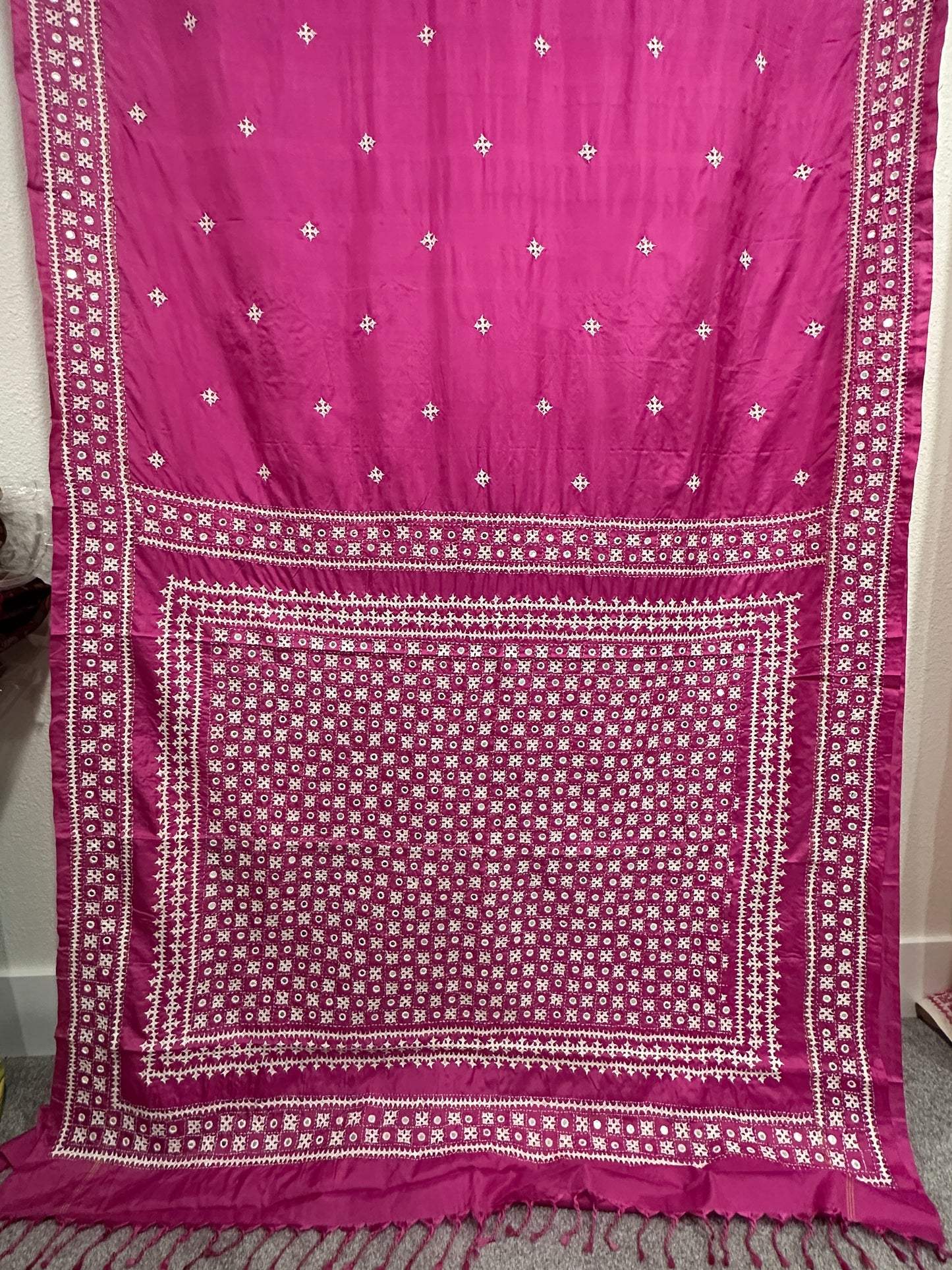 Gujrati Stitch on Pink Bangalore Silk with White Thread Embroidery