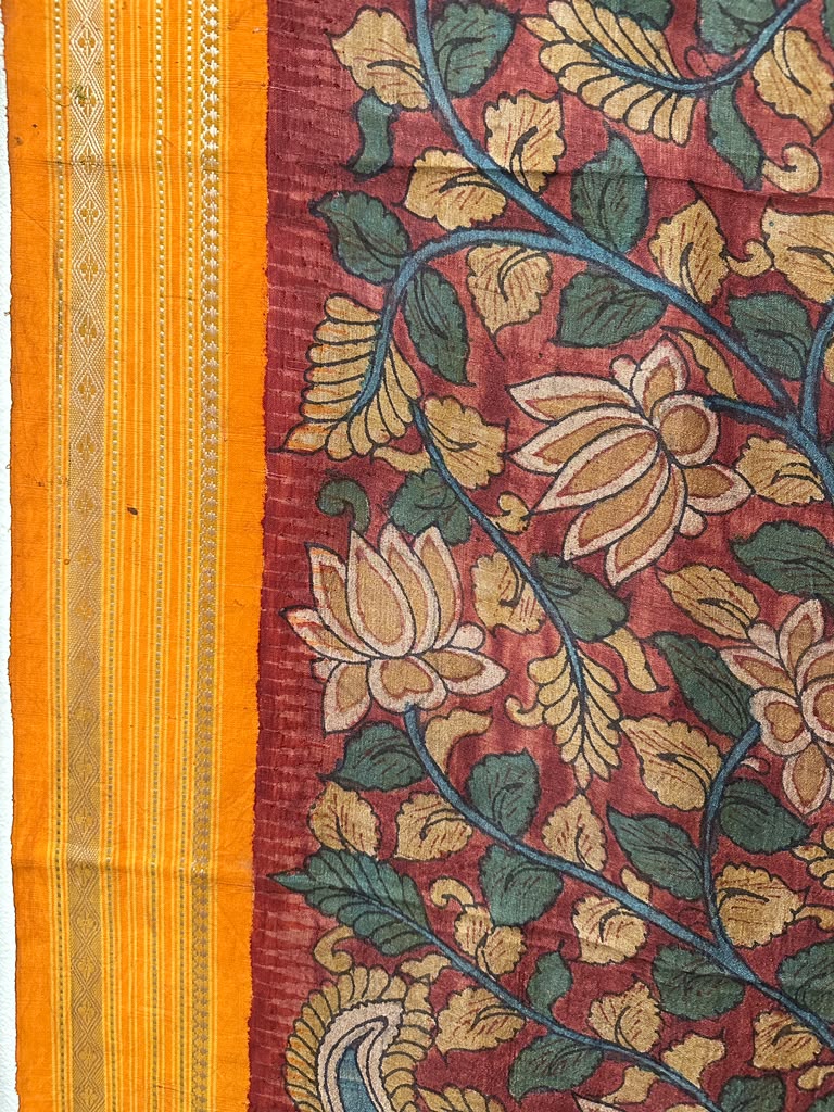 Kalamkari on Vidharbha Tussar with Ganga Jamuna Border - Florals and Peacock