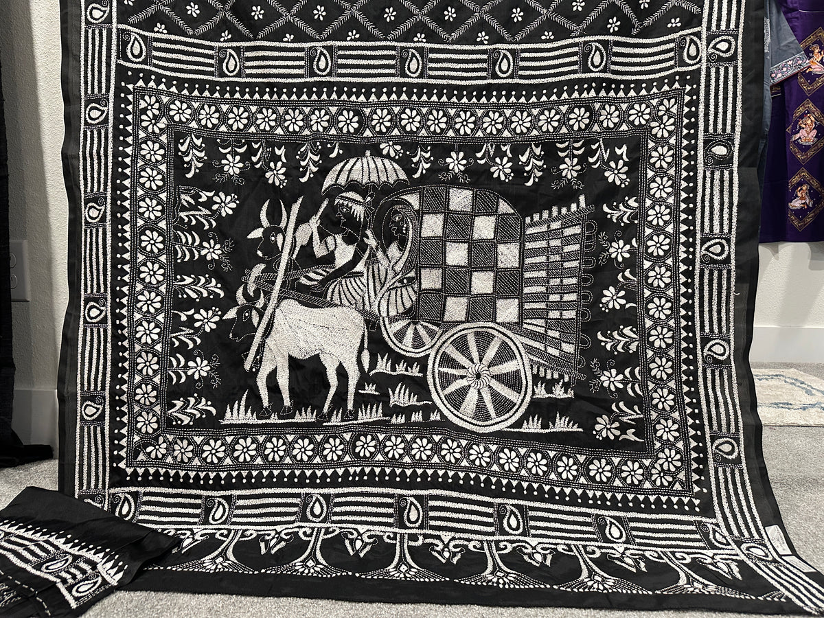 Kaantha Stitch Saree - Black with Cow Cart design
