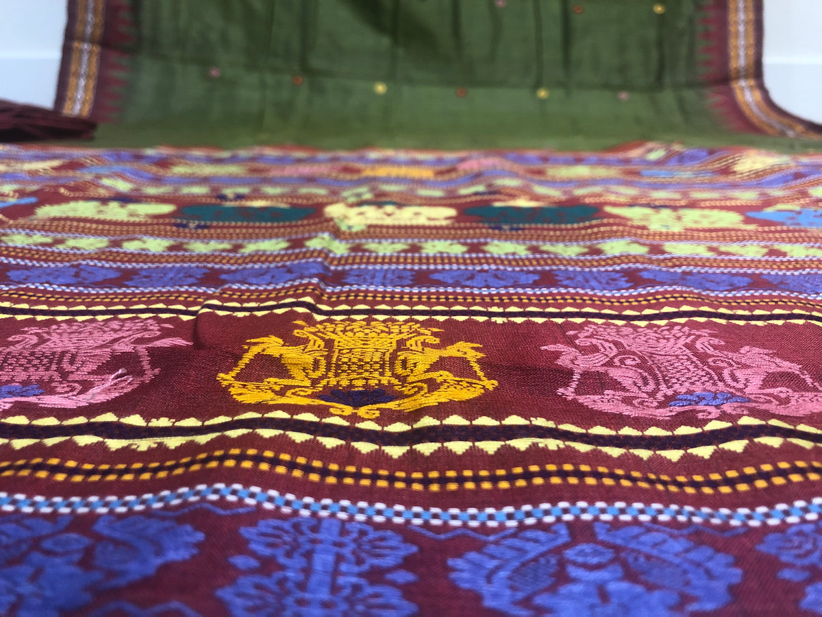 Ganjam Bomkai on Olive Green Tussar with brick red aanchal