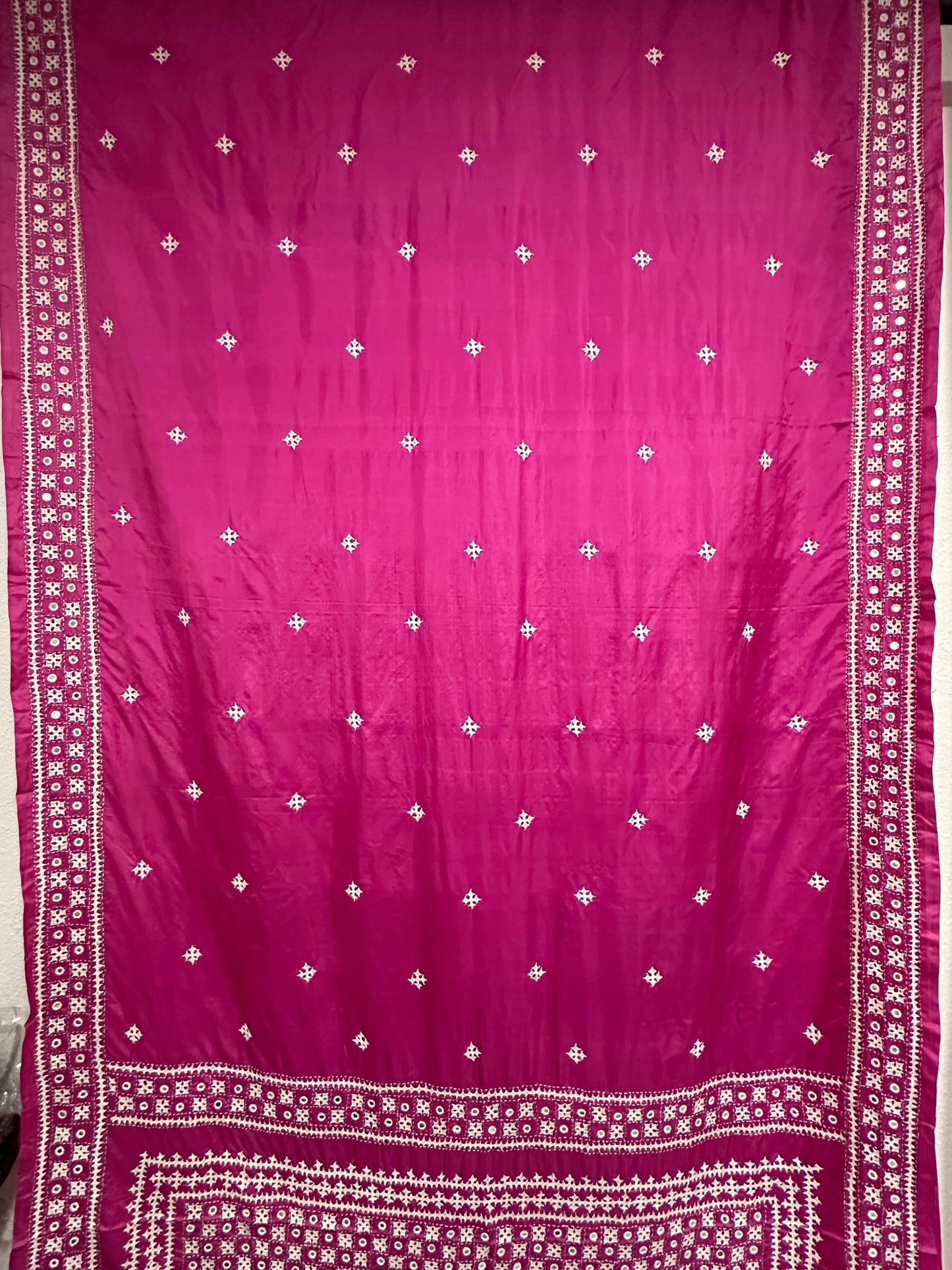 Gujrati Stitch on Pink Bangalore Silk with White Thread Embroidery
