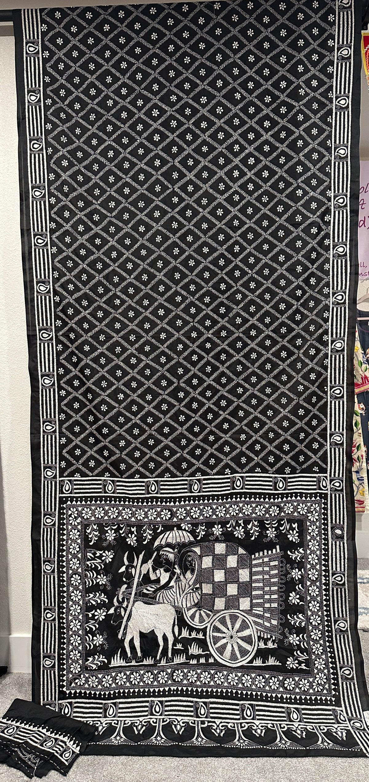 Kaantha Stitch Saree - Black with Cow Cart design