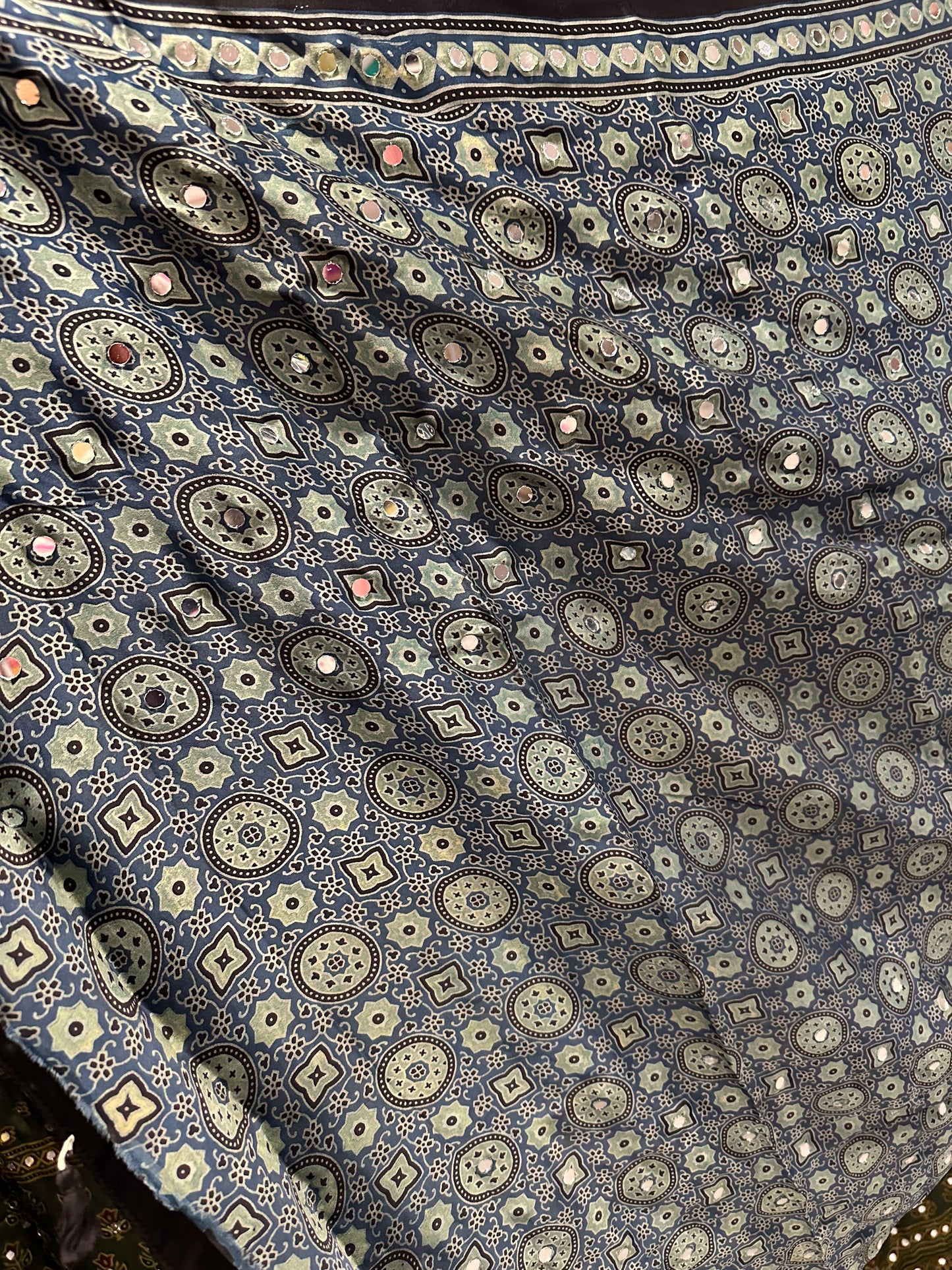 Modal Silk With Ajrak print and real mirror - Indigo Blue