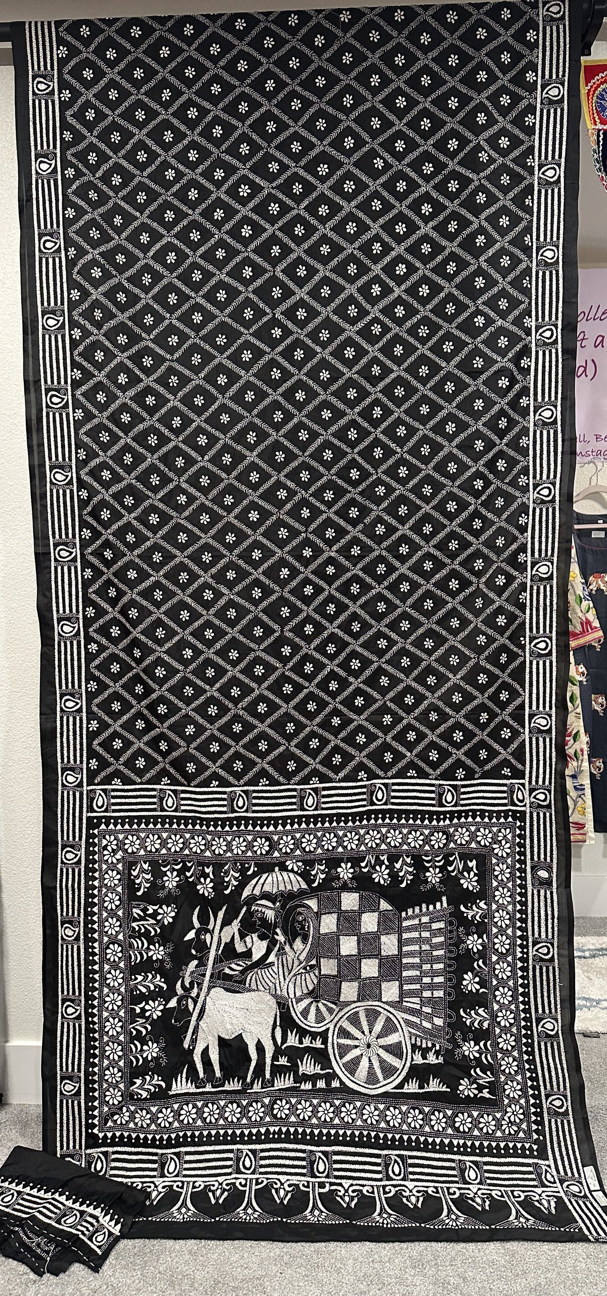 Kaantha Stitch Saree - Black with Cow Cart design