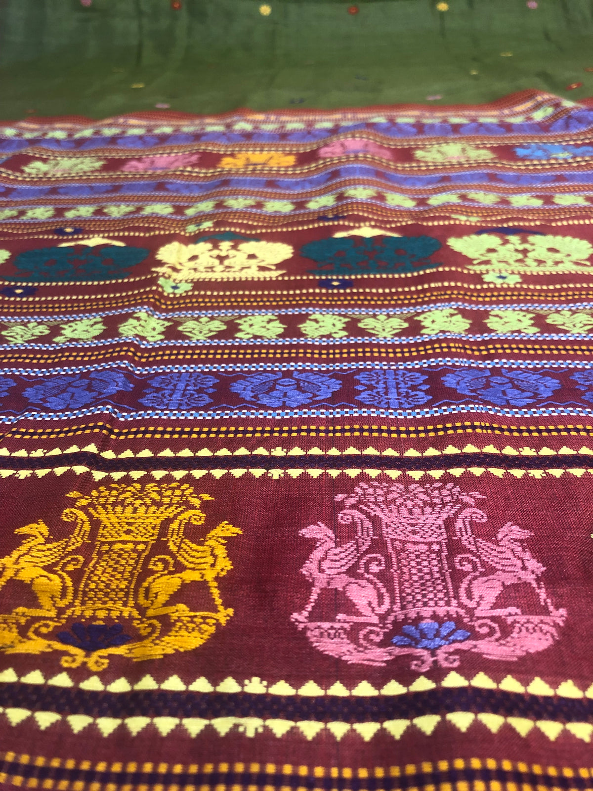 Ganjam Bomkai on Olive Green Tussar with brick red aanchal