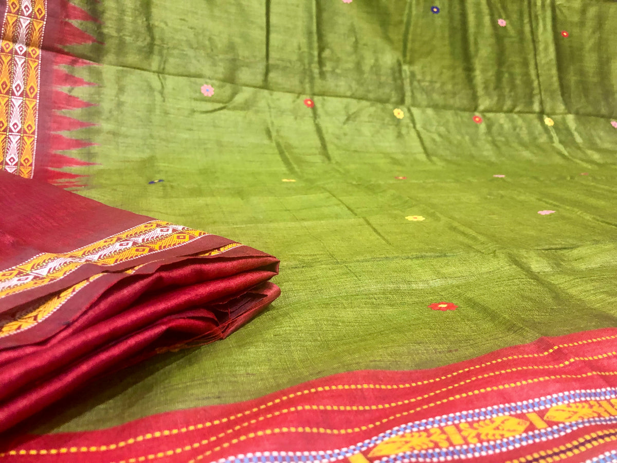 Ganjam Bomkai on Olive Green Tussar with brick red aanchal