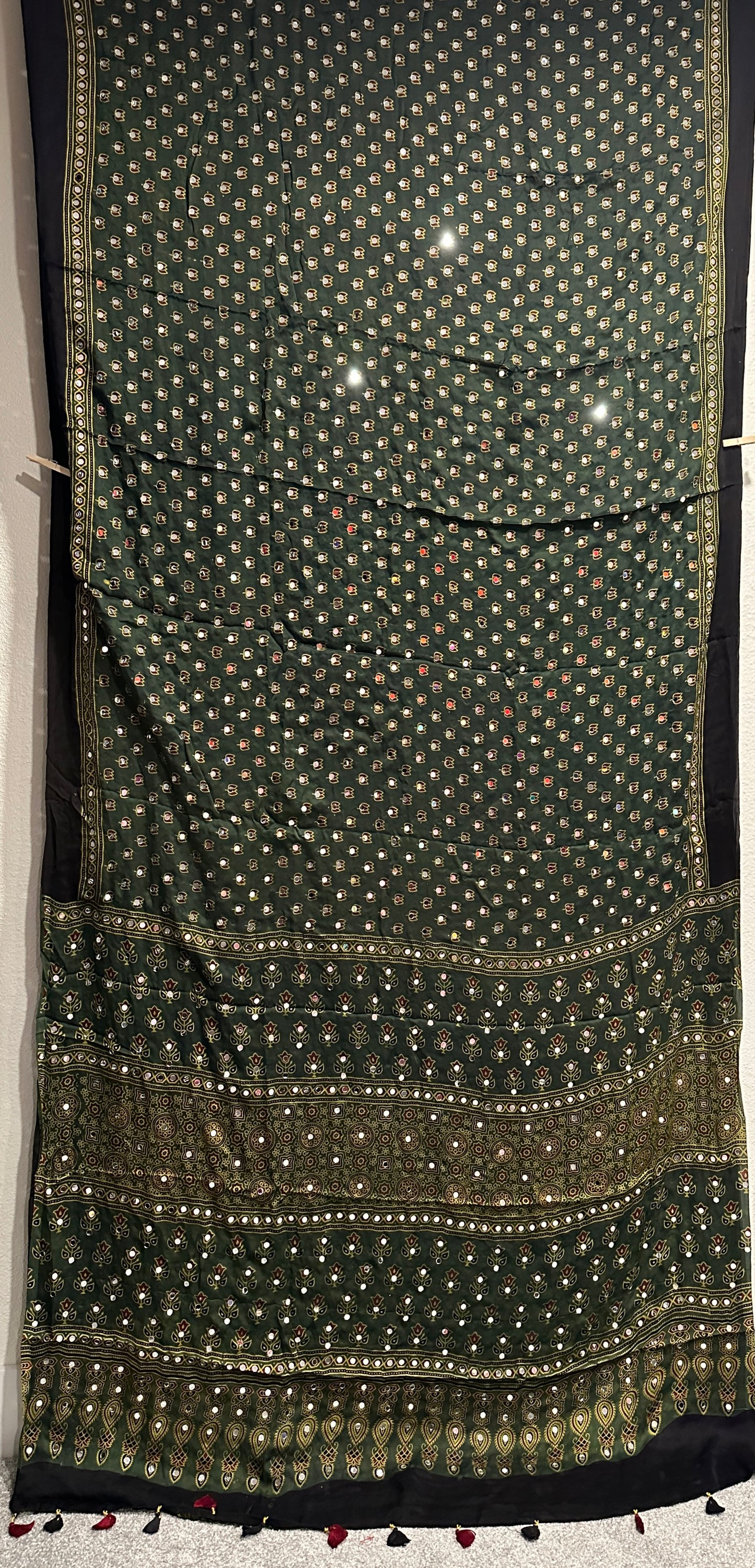 Modal Silk With Ajrak print and Real Mirror - Green