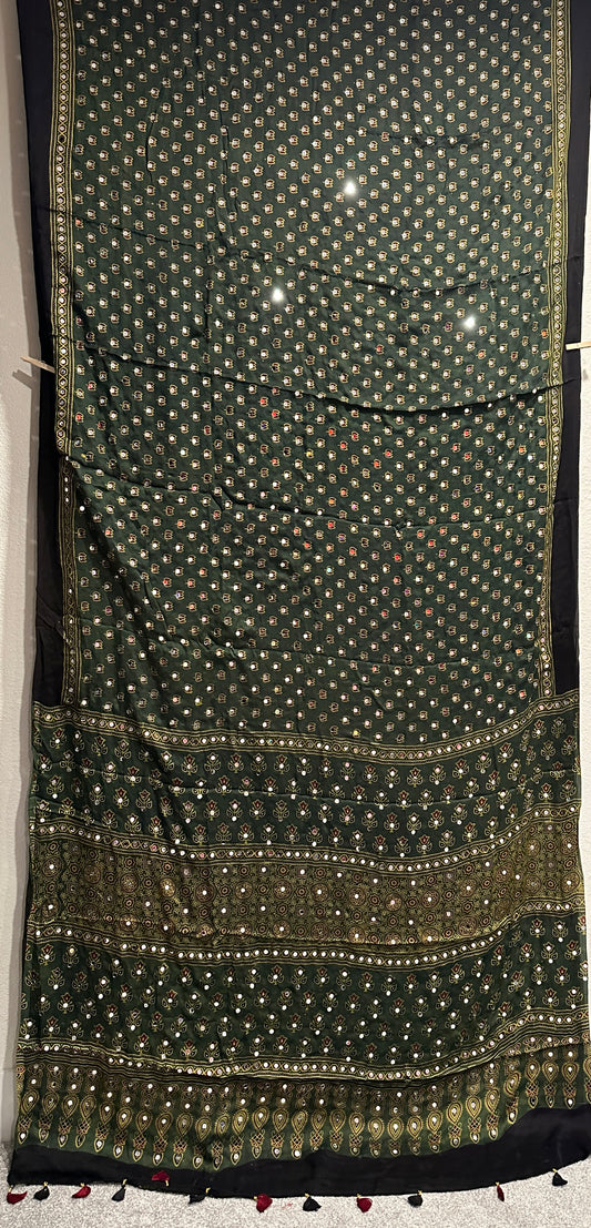 Modal Silk With Ajrak print and Real Mirror - Green