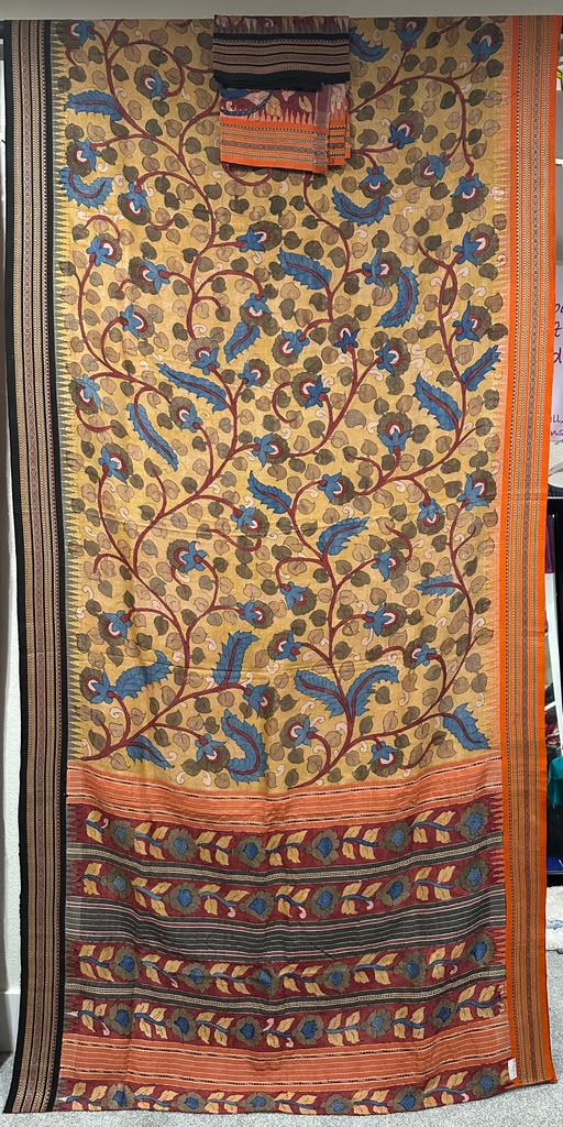Kalamkari on Vidharbha Tussar with Ganga Jamuna Border - Florals Only