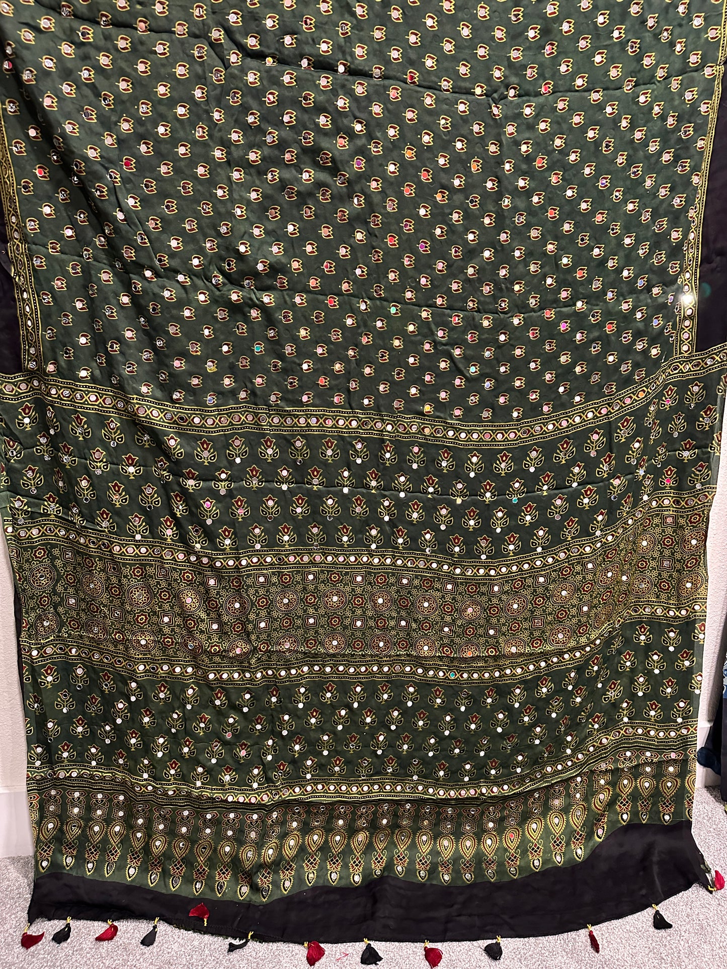 Modal Silk With Ajrak print and Real Mirror - Green