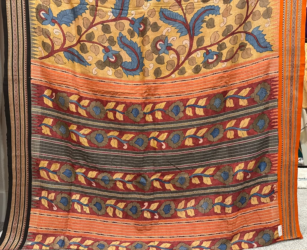 Kalamkari on Vidharbha Tussar with Ganga Jamuna Border - Florals Only