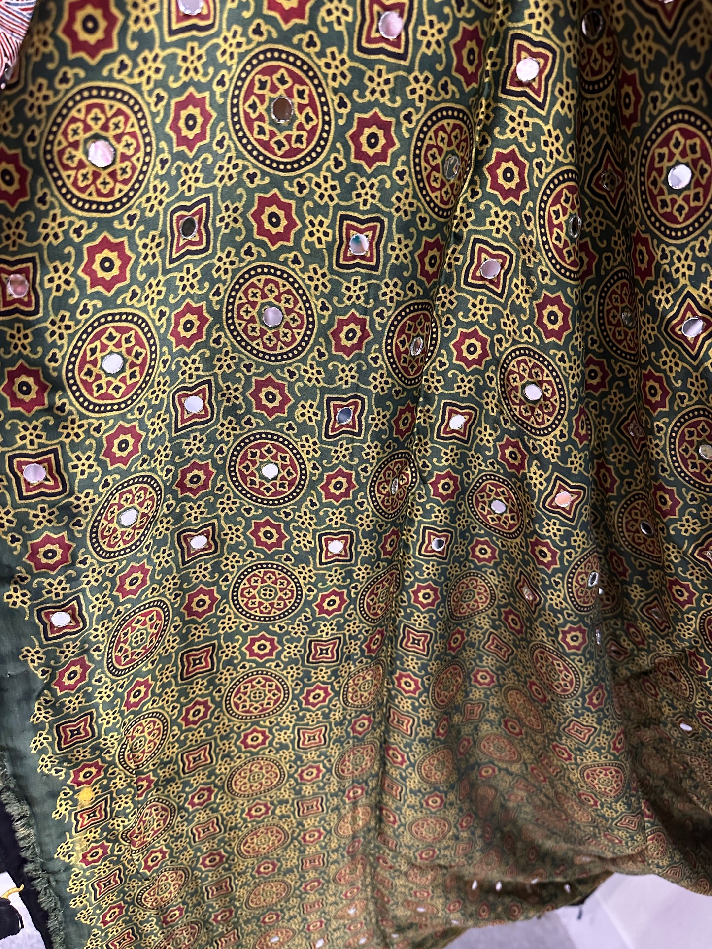 Modal Silk With Ajrak print and Real Mirror - Green