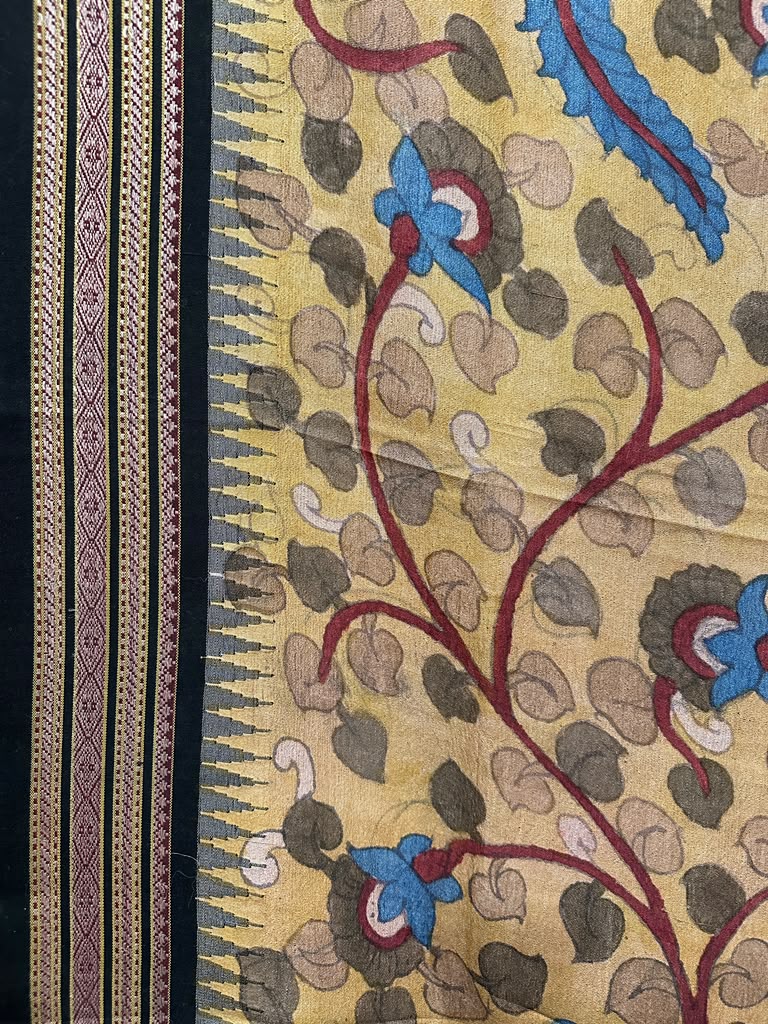 Kalamkari on Vidharbha Tussar with Ganga Jamuna Border - Florals Only