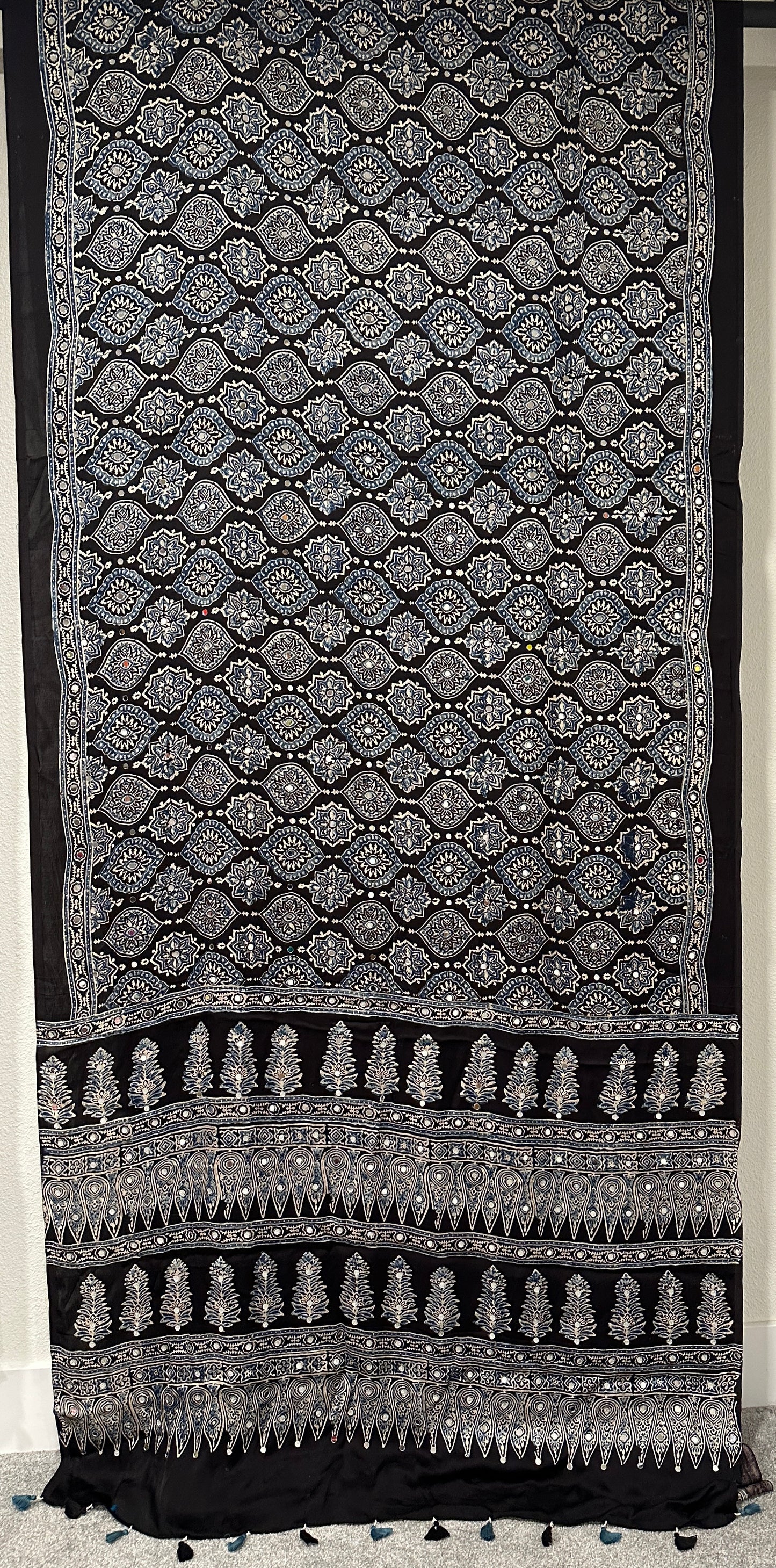 Modal Silk With Ajrak print and Real Mirror - Black