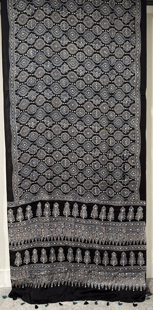 Modal Silk With Ajrak print and Real Mirror - Black