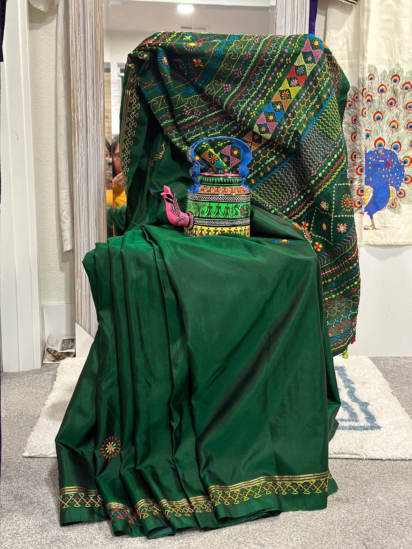 Lambani on Pure Silk in Bottle Green colour